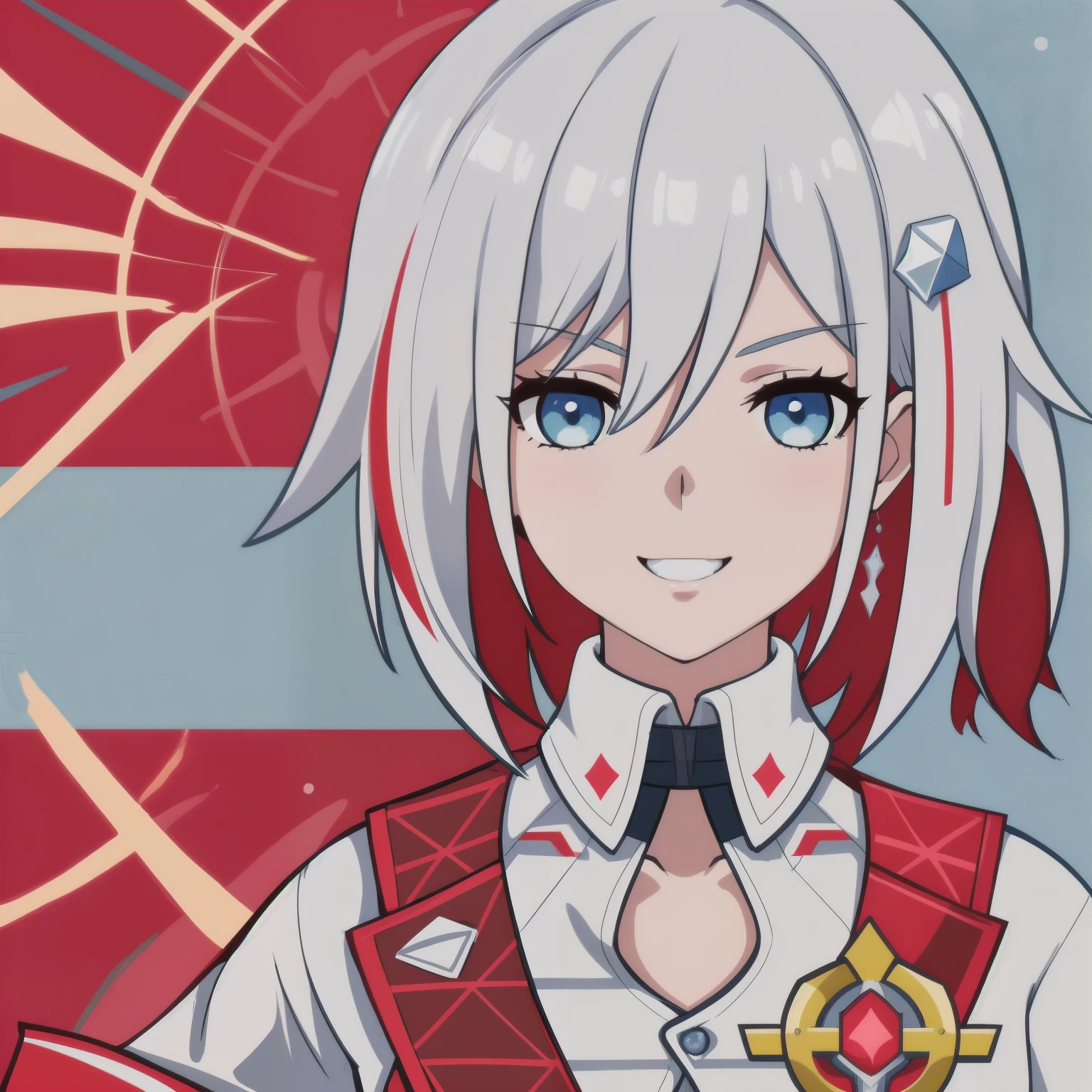 anime girl, wide smile, teeth, white hair, blue eyes, white shirt, red highlights, topaz, honkai star rail, 1girl, masterpiece, (beautiful and aesthetic:1. 5), thick black lineart, clean lineart, perfect lineart, variable lineart, thick lineart, clean anime outlines, intense line art, bold lineart, sharp lineart, heavy lineart, line art, best quality, high quality, high details, super detail, anatomically correct, best quality, ultra-detailed, colourful, saturated colours, dynamic lighting, HD,