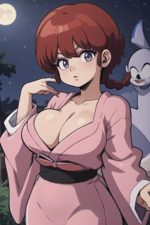 RanmaChan, cabello rojo, Cabello con trenza, ojos azules, ojos detallados, cuerpo completo, lindo, sexyrobutts, Japanese Ghost Costume, fantama flotando, noche luna llena, Cleavage Bulge