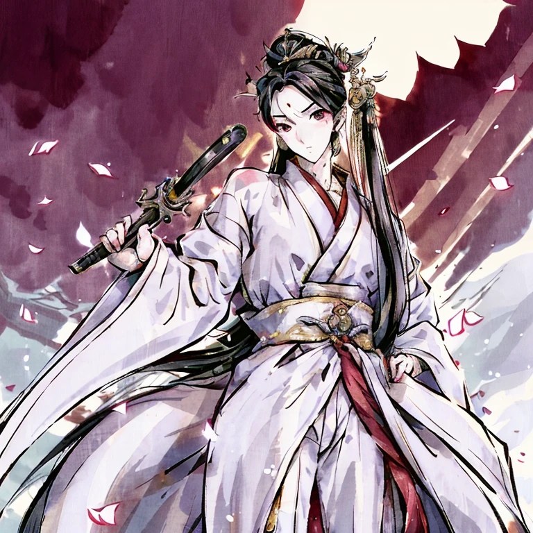 (best quality)The handsome martial artist is wearing a golden mask,Sword-like eyebrows and star-like eyes,Handsome,Affectionate eyes,domineering,古装Handsome束发,Wearing white Taoist robe, floating,Holding a beautiful long sword,A walk in the clouds,The sun is shining,4K