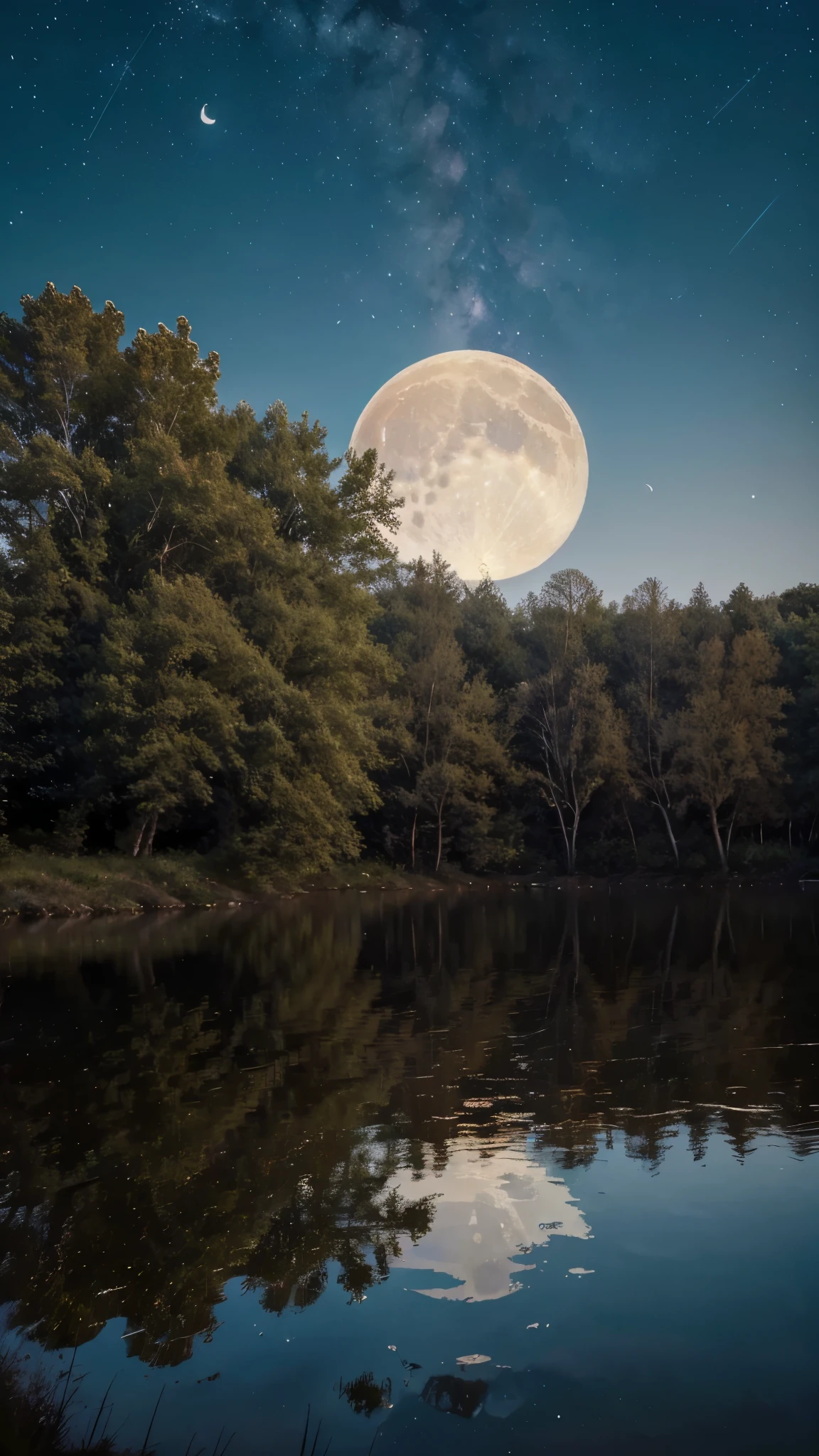 (highres,best quality,masterpiece:1.2),a beautiful landscape with a very large moon,illustration,impressive lunar surface,picturesque scenery,vivid colors,exquisite details,soft moonlight,serene atmosphere,pure nature,crystal clear lake,glowing trees,oozing tranquility,starlit sky,soothing ambience,harmony between sky and earth