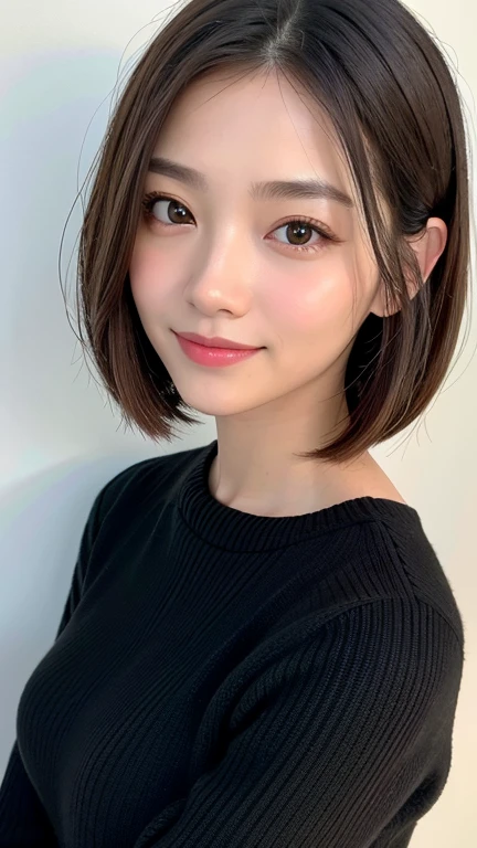 (((Close-up of face)))、(((Absolutely shoulder-length brown straight short bob)))、(((She is posing like a hair salon model, with a black wall indoors as the background.)))、(((Casual black winter long sleeves with shoulders covered)))、Half Japanese, half Korean、18 year old girl、Standing Alone、Looking forward、Light eye makeup、Brown Hair Color、Flat and 、Hair blowing in the wind、Actress Quality、Glossy, ultra-realistic face、Smiling face、Watery eyes、Gazing Up、Subtle lighting effects、 Ultra-Realistic Capture、Very detailed、High resolution 16K close up of human skin。Skin texture must be natural、The details must be such that pores can be clearly seen、The skin is healthy、Uniform tone、Use natural light and colors、A worn-out, high-quality photo taken by a model agency&#39;s in-house photographer.、smile、(((SIGMA 300 mm F/1.4,1/1000 sec shutter,ISO 400))) 