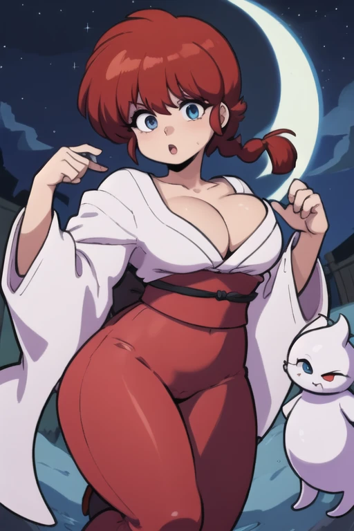 RanmaChan, cabello rojo, Cabello con trenza, ojos azules, ojos detallados, cuerpo completo, lindo, sexyrobutts, Japanese Ghost Costume, fantama flotando, noche luna llena, Cleavage Bulge