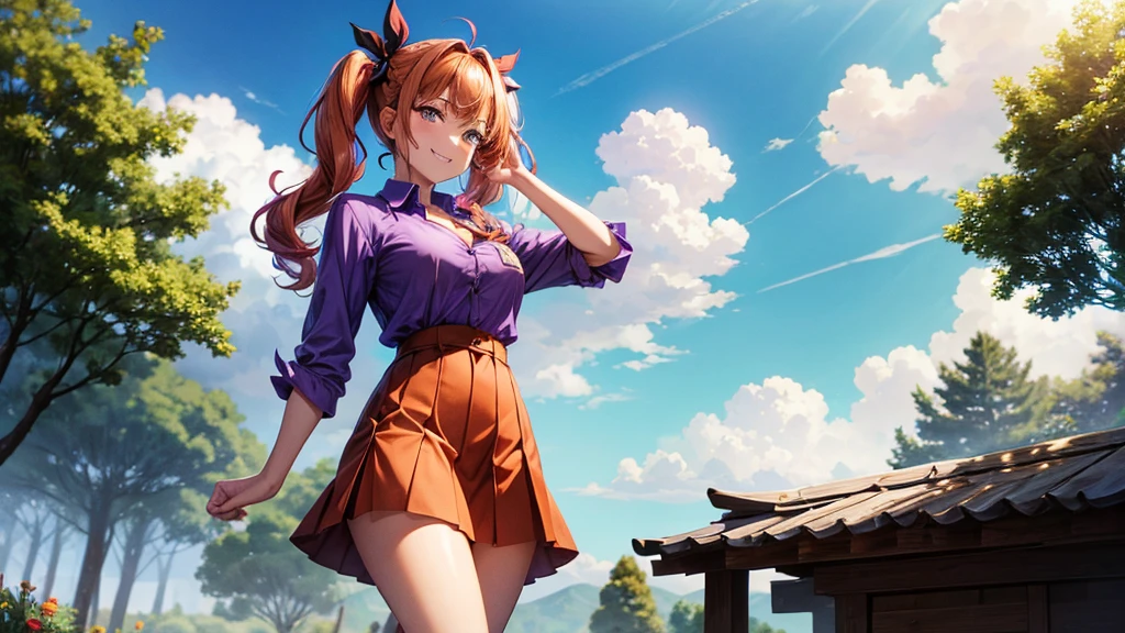 1girl, full body, summer, village, trees, sun, clouds, ((colorful hair)), curly hair, twintail, large breasts, button down shirt, ((purple shirt)), ((short sleeved shirt)), ((unbuttoned shirt)), unbuttoning buttons, popping buttons, cleavage 1:3, brown eyes, ((red black skirt)), grin, looking at the viewer, touching neck, standng, hair ribbon, golden necklate