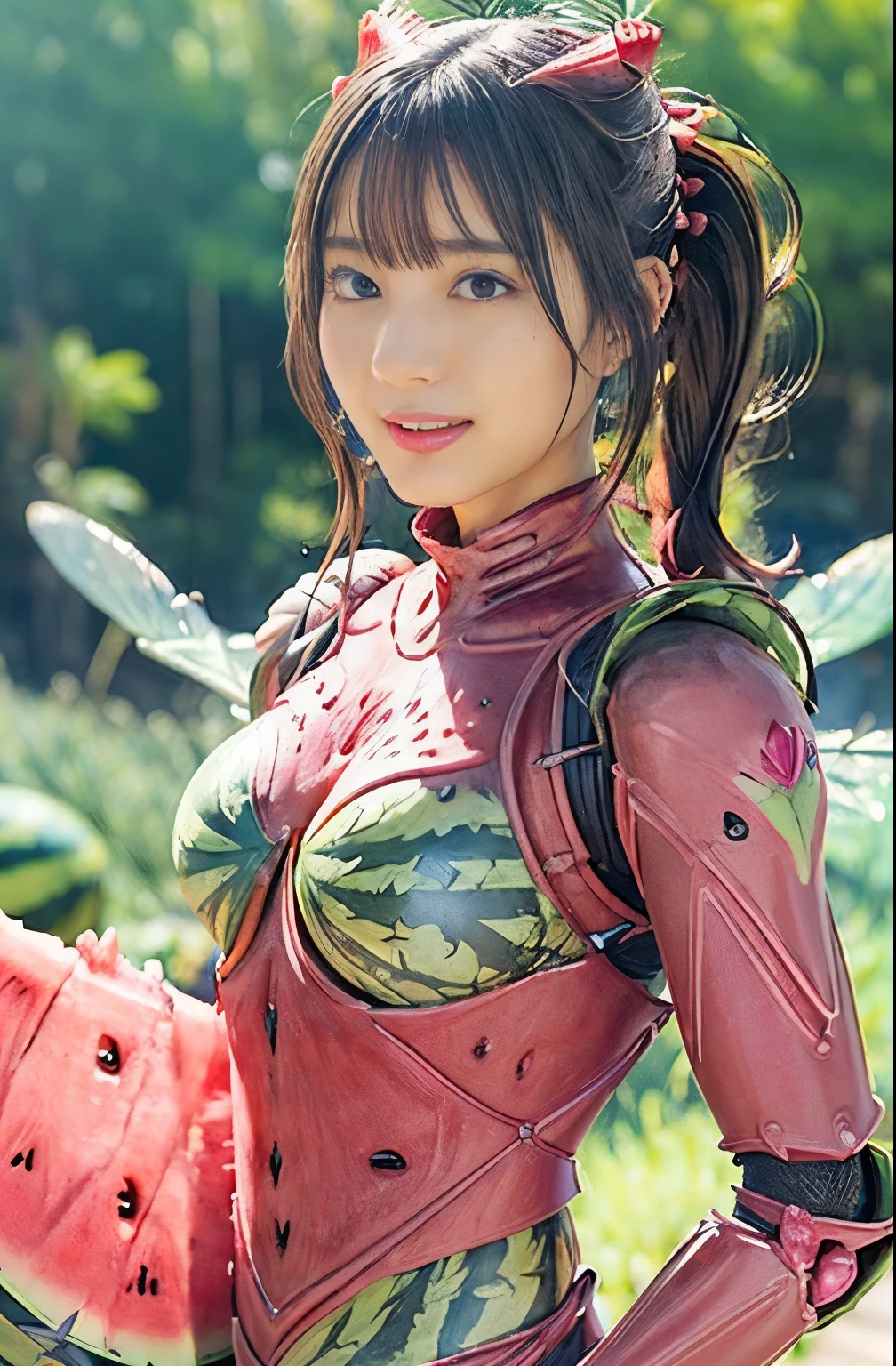 (high resolution,masterpiece,best quality,extremely detailed CG, anime, official art:1.4), realistic, photo, amazing fine details, all intricate, gloss and shiny,awesome many layers, 8k wall paper, 3d, sketch, kawaii, illustration,( solo:1.4), perfect female proportion,villainess, (fusion of watermelon and lady:1.4), (watermelon form lady:1.2), (watermelon lady:1.2), (fusion:1.2), (solo:1.4), (evil smile:1.2), muscular, abs, (watermelon exoskeleton bio insect suit:1.4), (watermelon exoskeleton bio insect armor:1.2), (watermelon wing:1.4), (watermelon antennae:1.3),