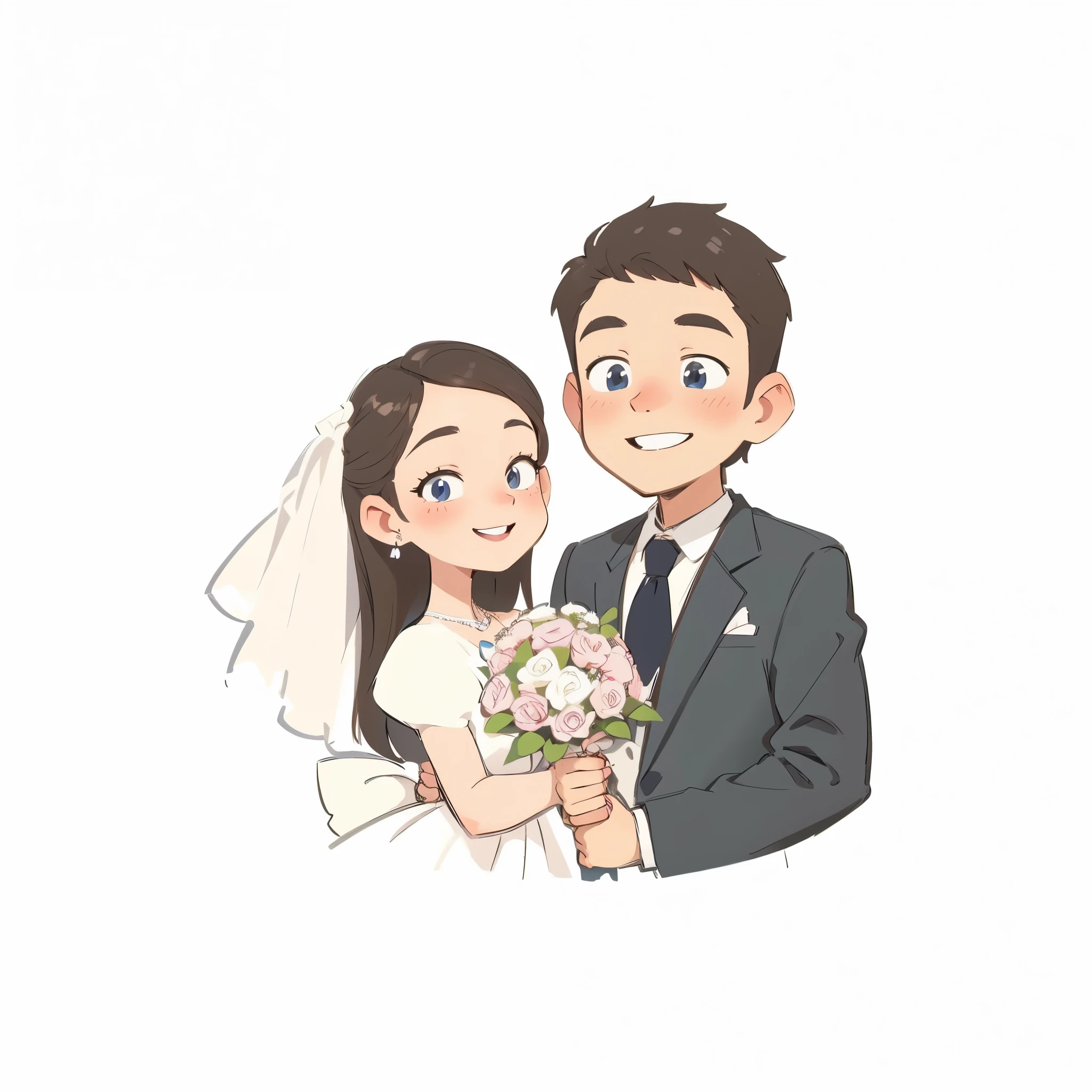 Bride and groom holding a bouquet of flowers, lovely couple, happy couple, Bride and groom, couple pose, Flowers in hand, , cartoon style illustration, couples portrait, couple portrait, cartoon style, wedding, Cartoon art style, hand painted Cartoon art style, smiling couple, Official Fanart, couple, High-quality fanart, wedding photo, There are flowers, no background, White background
