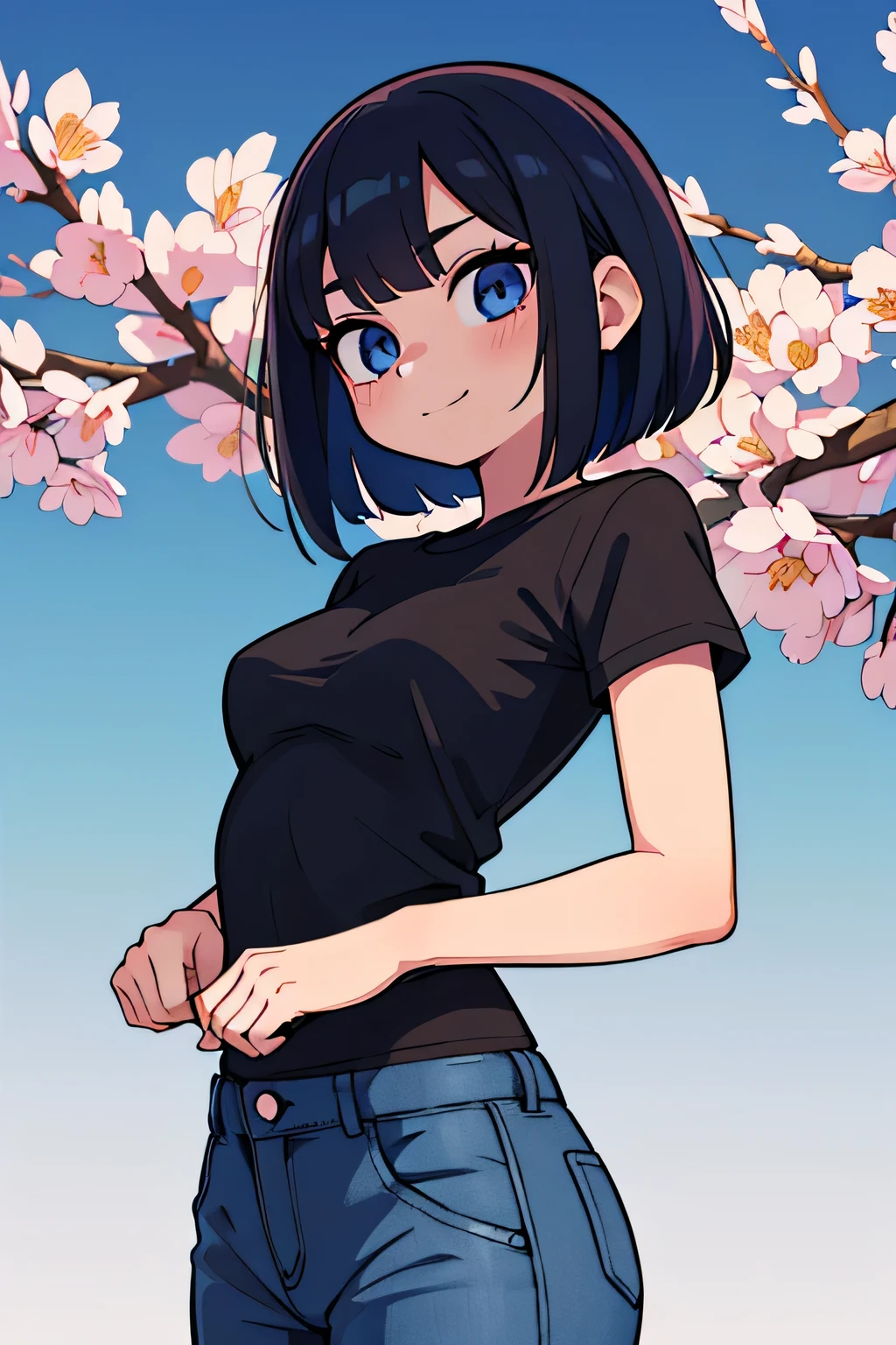 (Ultra bright color, Masterpiece, Best quality, blossom, Warm, soft light, modern, Hi-tech), 1 girl, One, standing tall, (background:1.4), black T-shirt without print, beautiful detailed face, slight smile, (blue) Medium hair, (detailed (blue) Ruby eyes), young, small breasts,