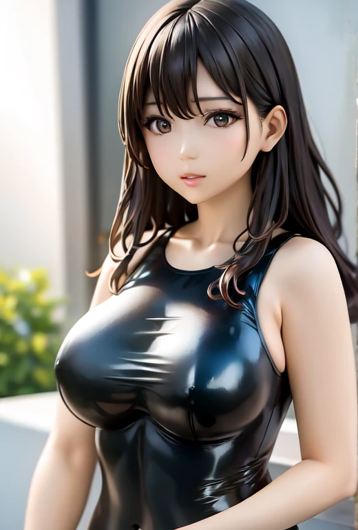 arafed asian woman in a black swimsuit posing for a picture, wet swimsuit, skintight black bodysuit, wearing a black bodysuit, wearing leotard, tight black tanktop, she is wearing a black tank top, cute girl wearing tank suit, black swimsuit, 2 4 female model, is wearing a swimsuit, young skinny gravure idol