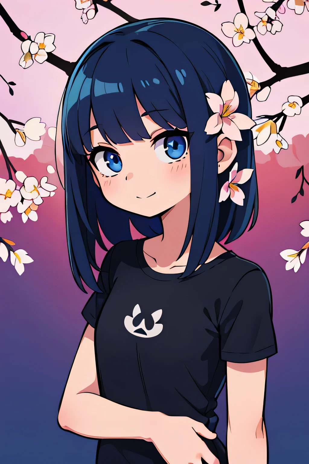 (Ultra bright color, Masterpiece, Best quality, blossom, Warm, soft light, modern, Hi-tech), 1 girl, One, standing tall, (background:1.4), black T-shirt without print, beautiful detailed face, slight smile, (blue) Medium hair, (detailed (blue) Ruby eyes), young, small breasts,