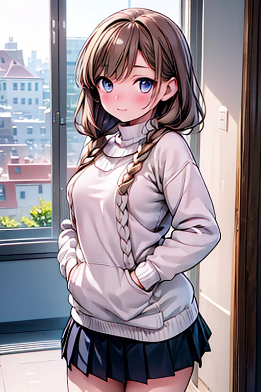 masterpiece:1.2, highest quality), (Realistic, photoRealistic:1.4), Beautiful illustrations, (Natural Side Lighting, Cinema Lighting), Browsing Caution, View your viewers,, Front view:0.6 , Perfect Face, Cute and symmetrical face, Shiny skin, highest quality,, background: A girl on a balcony at dusk, low length,Slightly chubby,The breasts are small,The butt is small, In detail, Big braided hair, Brown-haired eyes, A slightly smiling, sleepy face, Clothes: A loose sweater, skirt and stockings