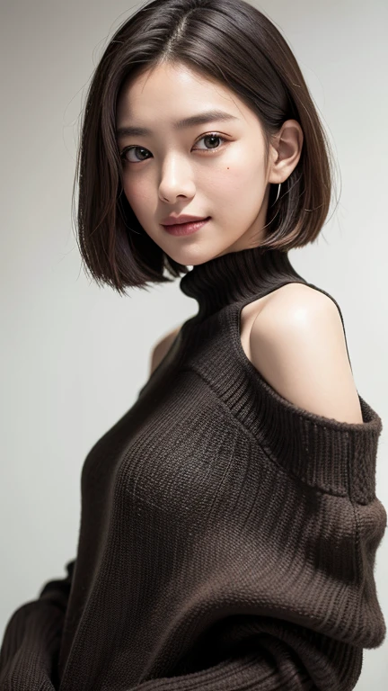 (((Close-up of face)))、(((Absolutely shoulder-length brown straight short bob)))、(((She is posing like a hair salon model, with a black wall indoors as the background.)))、(((Casual black winter long sleeves with shoulders covered)))、Half Japanese, half Korean、18 year old girl、Standing Alone、Looking forward、Light eye makeup、Brown Hair Color、Flat and 、Hair blowing in the wind、Actress Quality、Glossy, ultra-realistic face、Smiling face、Watery eyes、Gazing Up、Subtle lighting effects、 Ultra-Realistic Capture、Very detailed、High resolution 16K close up of human skin。Skin texture must be natural、The details must be such that pores can be clearly seen、The skin is healthy、Uniform tone、Use natural light and colors、A worn-out, high-quality photo taken by a model agency&#39;s in-house photographer.、smile、(((SIGMA 300 mm F/1.4,1/1000 sec shutter,ISO 400))) 