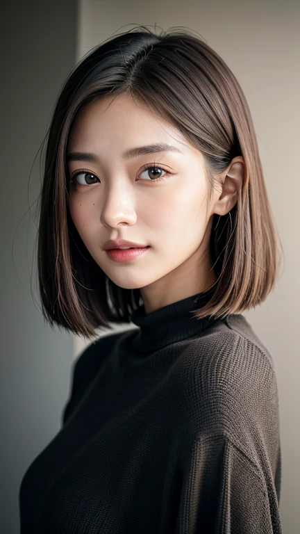 (((Close-up of face)))、(((Absolutely shoulder-length brown straight short bob)))、(((She is posing like a hair salon model, with a black wall indoors as the background.)))、(((Casual black winter long sleeves with shoulders covered)))、Half Japanese, half Korean、18 year old girl、Standing Alone、Looking forward、Light eye makeup、Brown Hair Color、Flat and 、Hair blowing in the wind、Actress Quality、Glossy, ultra-realistic face、Smiling face、Watery eyes、Gazing Up、Subtle lighting effects、 Ultra-Realistic Capture、Very detailed、High resolution 16K close up of human skin。Skin texture must be natural、The details must be such that pores can be clearly seen、The skin is healthy、Uniform tone、Use natural light and colors、A worn-out, high-quality photo taken by a model agency&#39;s in-house photographer.、smile、(((SIGMA 300 mm F/1.4,1/1000 sec shutter,ISO 400))) 