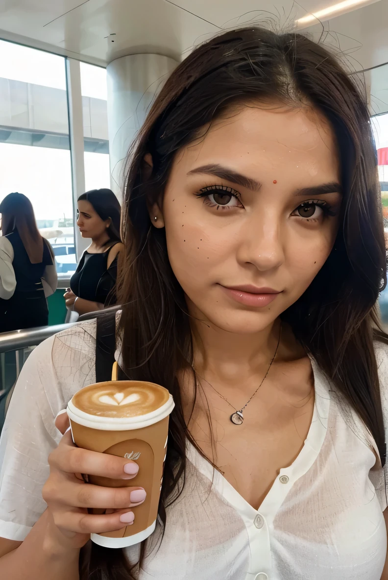 una mujer de piel clara, ojos claros, cabello rojo, a mole on the forehead and symmetrical facial features, stop at the airport with a coffee in hand. realista