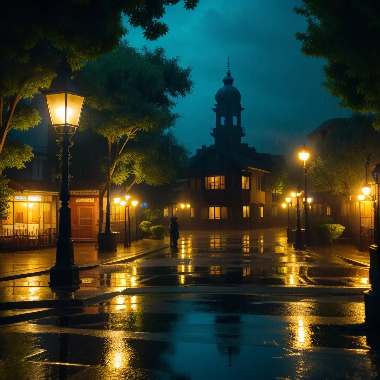 Artistic. at night, Cityscape. The night is pitch black. The stage is lit only by lanterns.. heavy rain. Town Square, Glowing lanterns, House behind a cast iron fence, High rise residential buildings with different floors, Lots of trees. Thick Crown, Fresh green. heavy rain, downpour. Around the square, A car passes in the distance.