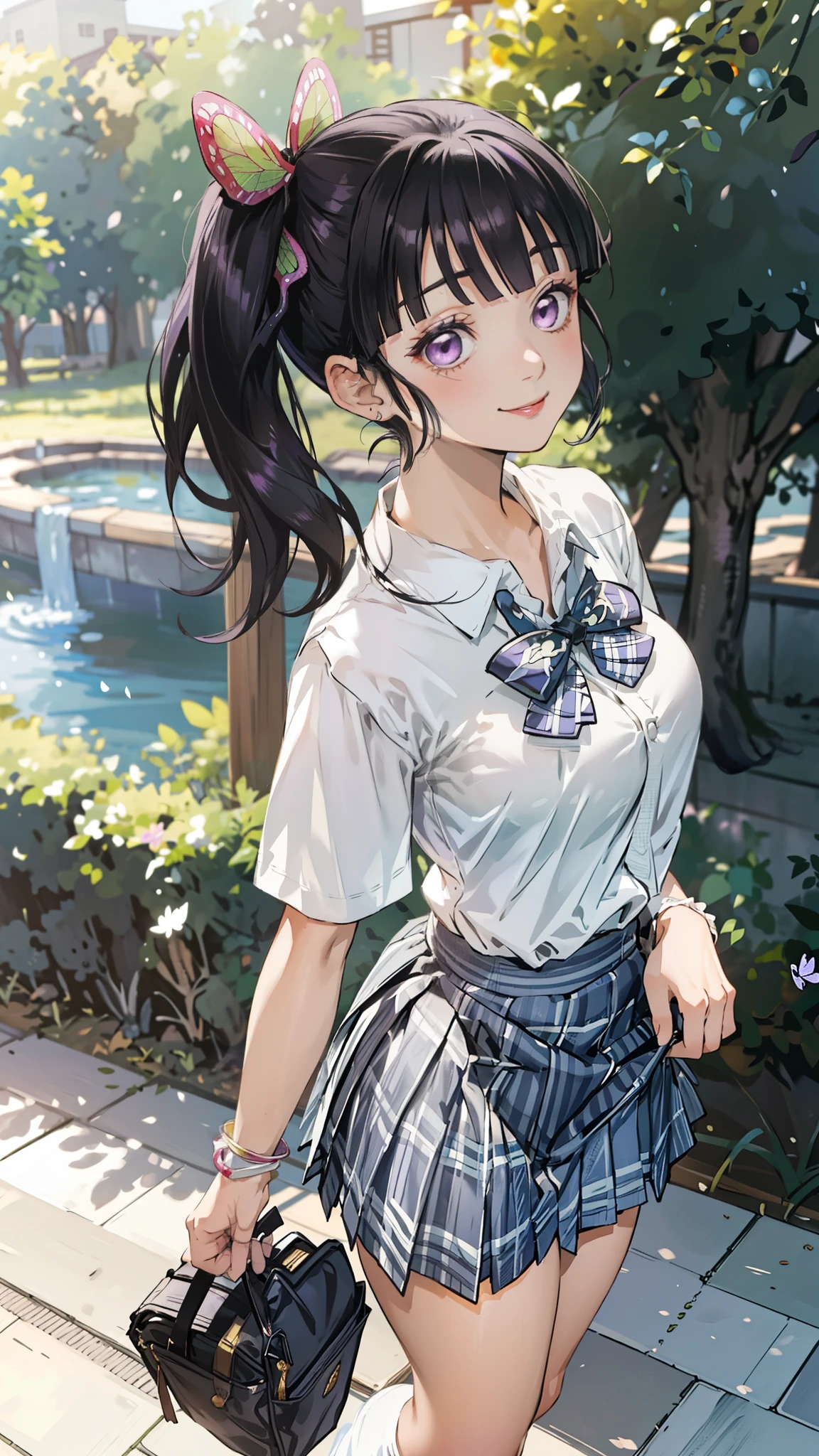 kimetsu no yaiba style, (kanao tsuyuri, ,KanaoDef), (black hair, butterfly hair ornament, side ponytail, ponytail), (purple eyes:1.1), (smile:1.1), looking at viewer