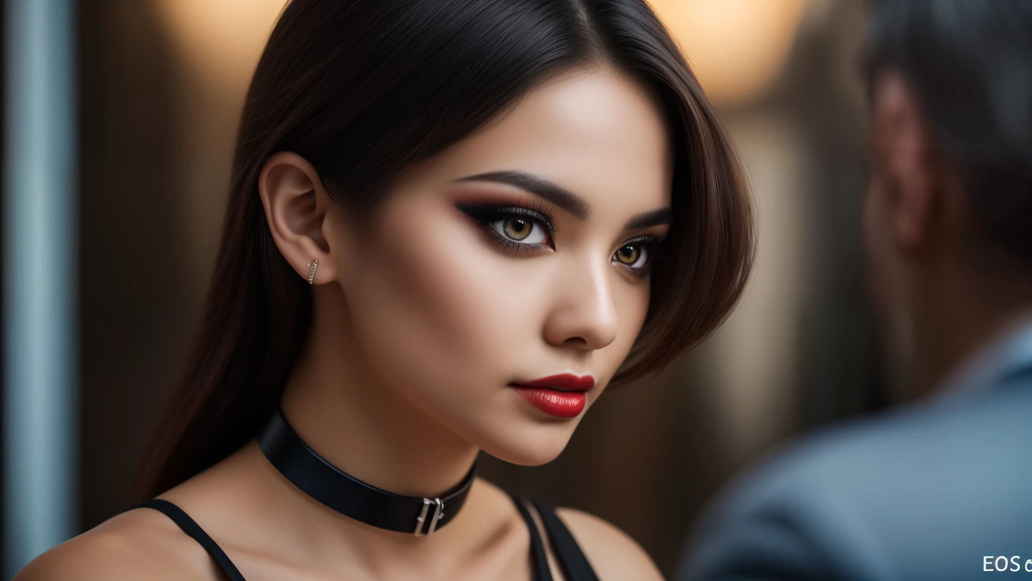 tmasterpiece,best qualtiy,hdr, hyper HD, 8K,Bokeh,Ultra-fine painting,Sharp focus,Physically-based rendering,Extreme detail description,portraitures,half-body photo, choker, (black eyeshadow:1.1), (red lips:0.95), looking at viewer, (EOS R8, 50 millimeters, F1.2, 8K, RAW photo:1.2)