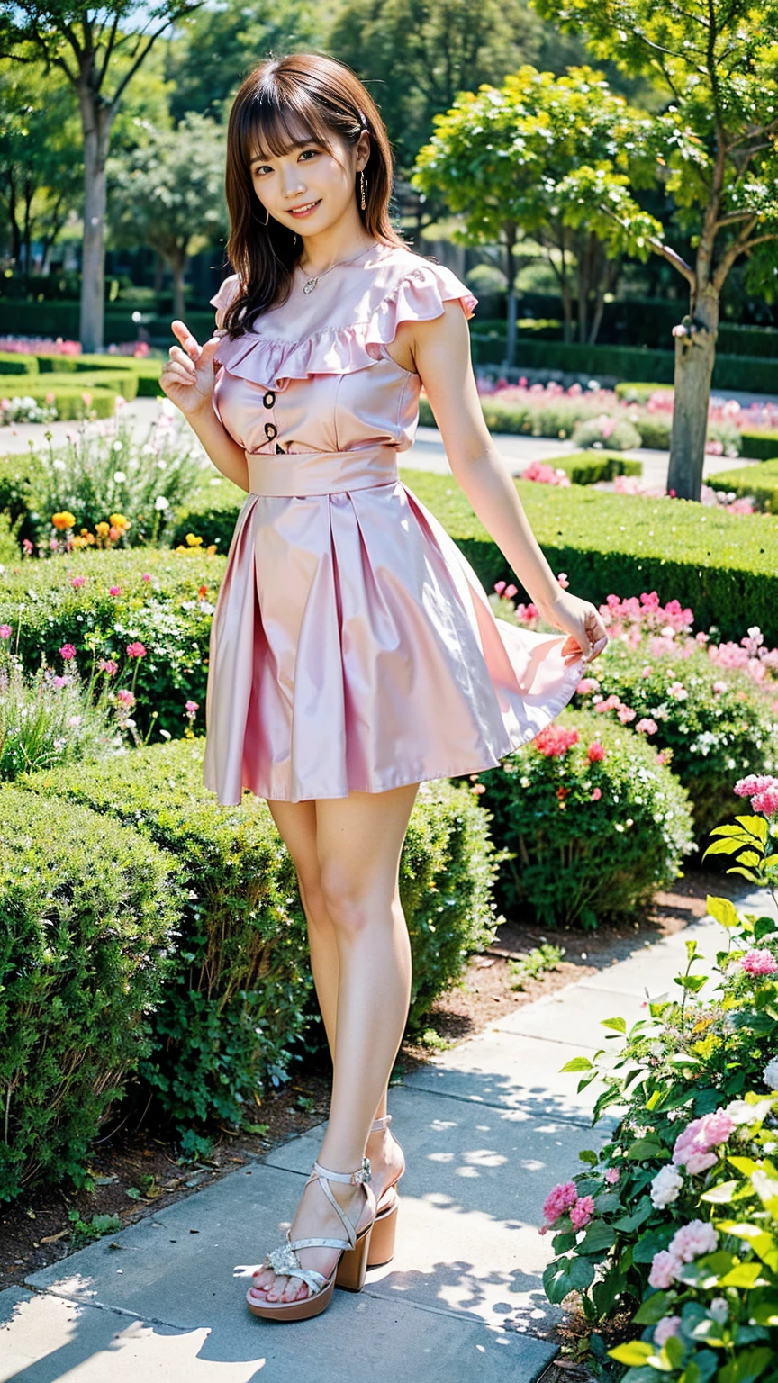 (8k、RAW Photos、highest quality、masterpiece:1.2)、(Realistic、Realistic)、1 girl、((smile、garden、one piece、Heeled Sandalini skirt、Are standing、Large Breasts))、Lots of eyelashes、Glowing eyelids、skeletally correct