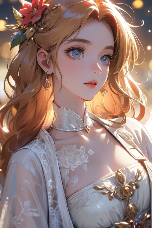 High resolution, highest quality, Wearing a gorgeous dress,Big bright eyes, Bright and vibrant hair, Rosy Cheeks, Soft Light, Very detailed,Beautiful, gentle and bright expression, shiny blonde silky hair, Gorgeous floral hair ornament