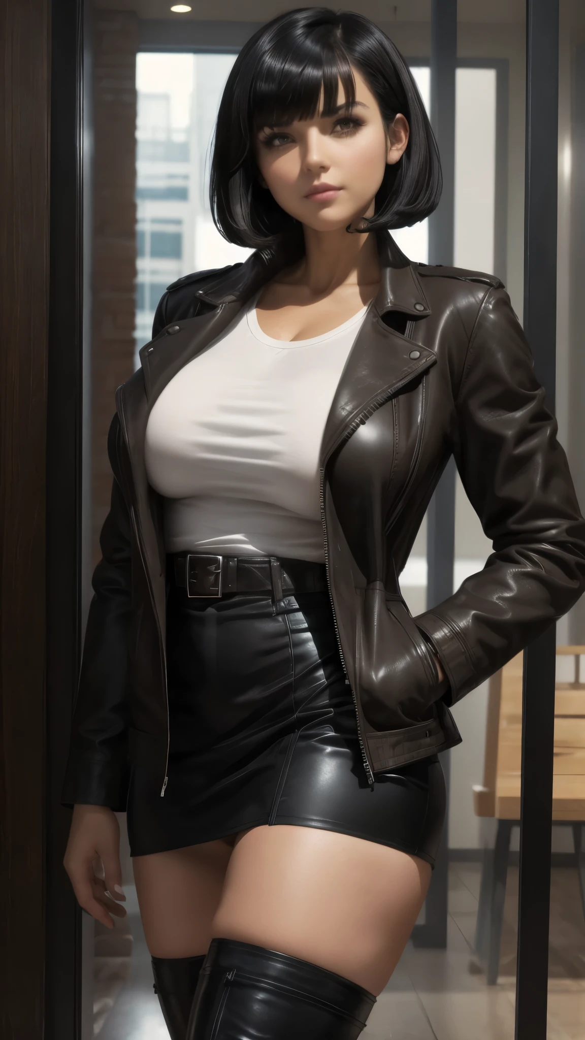 short black hair, with slightly messy bangs.  Dark, penetrating brown eyes.  Thin and marked build.  short black leather skirt, a loose white shirt and a plaid jacket.  She completed her outfit with tall boots. Big , big ass, nsfw. Busty. 