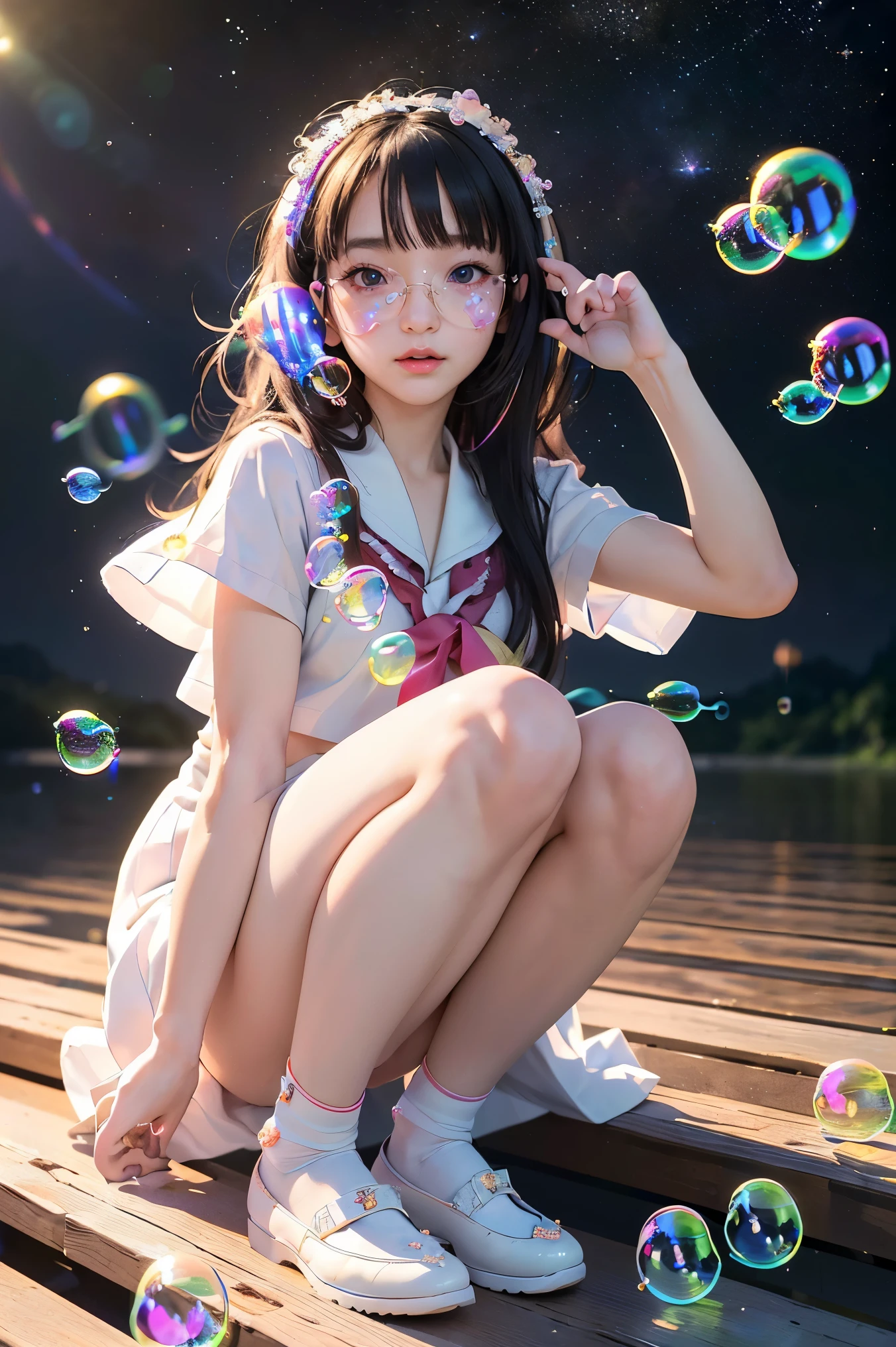 (Masterpiece), (best quality), (official art, Very detailed CG unity 8k wallpaper.), (Highly detailed), ((nonsense)), 1 girl, Medium shot, (exquisite face),(Serafuku:1.3) ((NRF)),((clear hand)), ((White thighs, no shoes)),tear, colored contact lenses, Stars in the eyes, (((colorful bubbles))), Multi-colored glass, (album cover)