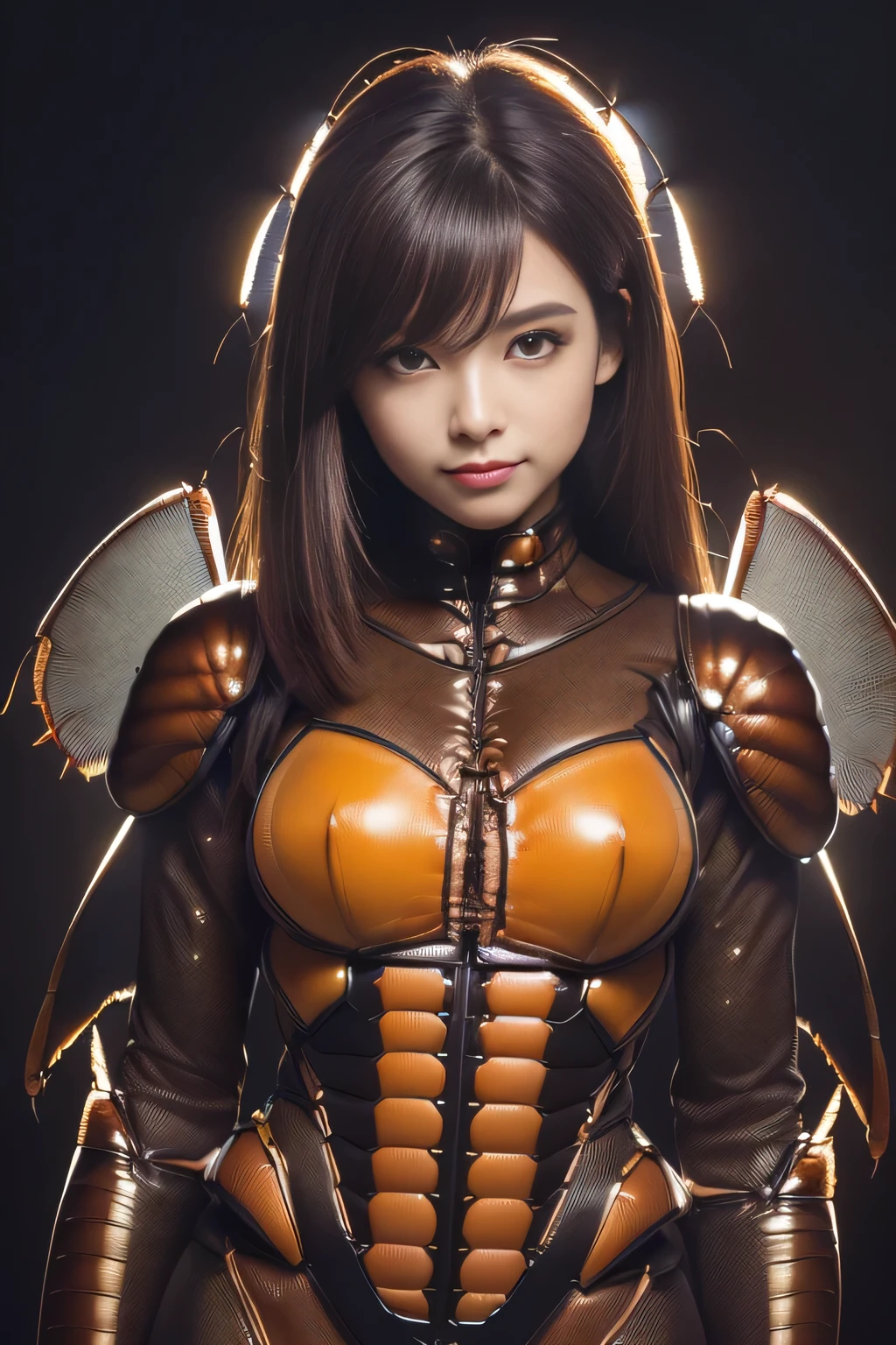 (high resolution,masterpiece,best quality,extremely detailed CG, anime, official art:1.4), realistic, photo, amazing fine details, all intricate, gloss and shiny,awesome many layers, 8k wall paper, 3d, sketch, kawaii, illustration,( solo:1.4), perfect female proportion,villainess, (fusion of dark brown cockroach and lady:1.4), (brown cockroach form lady:1.2), (brown cockroach lady:1.2), (fusion:1.2), (solo:1.4), (evil smile:1.2), muscular, abs, (cockroach brown exoskeleton bio insect suit:1.4), (cockroach brown exoskeleton bio insect armor:1.2), (brown transparency cockroach wing:1.4), (brown cockroach antennae:1.3),