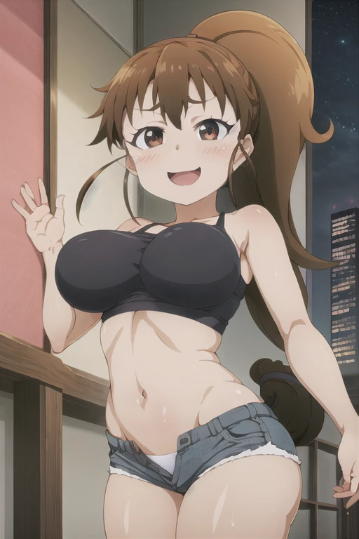 (((masterpiece))), ((highest quality)), ((Very detailed)), ((High resolution)), ((8k)), ((Anatomically correct)), ((The correct number of fingers)), One Woman, Taneshima Popura, (Big Breasts), Brown Hair, long hair, ponytail, (he is short), Very cute woman, delicate, Charming smile, Brown eyes, Bright Eyes, Best moment, Vivid eyes, Beautiful Skin, Cute face, delicateな腕, Detailed skin texture, Intricate details, Very detailedな顔, Beautiful Eyes, Beautiful curves, View your viewers, Beautiful thighs, White triangular bikini, Wear denim shorts, I can see my belly button, Sweat, Beautiful standing posture, Model standing, Open your mouth, Night cityscape, Date with a lover, A big smile, Looking up, blush,