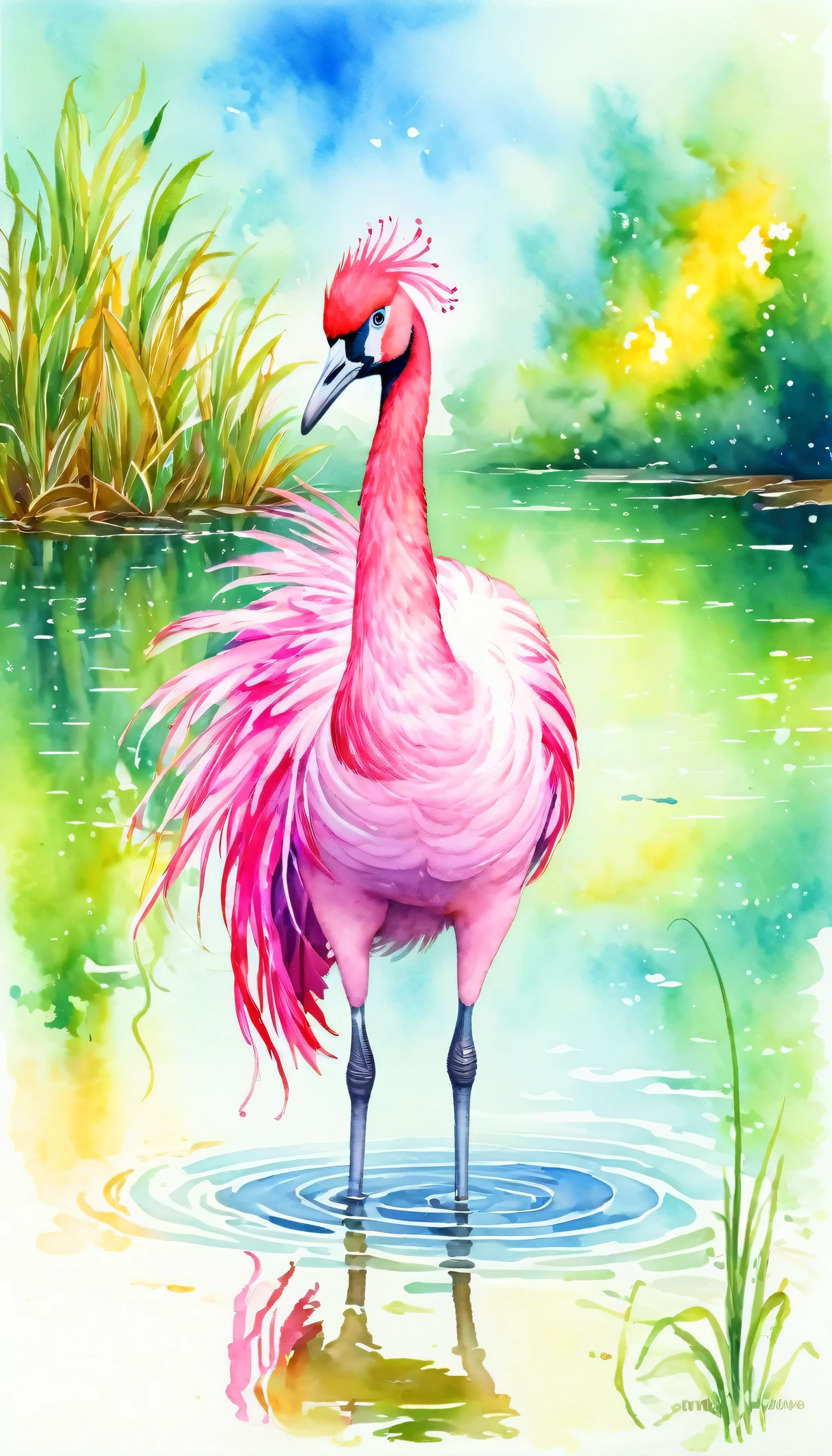 flamingo standing in water in a lake, bright pink feathers, bird, no_humans, water, animal_focus, animal, outdoors, painting, drawing, watercolor, psychedelic colors