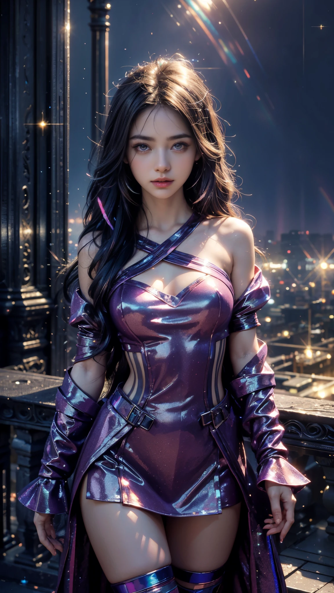 4k, UHD, masterpiece, 1 girl, good face, ((detailed eyes)), very long hair, impressive hairstyle, perfect brasts, fantasy clothing, ((rainbow clothing)), (strips:1.3), night city, building, lamps, depth of field, reflection light, ((sparkle)), chromatic aberration,