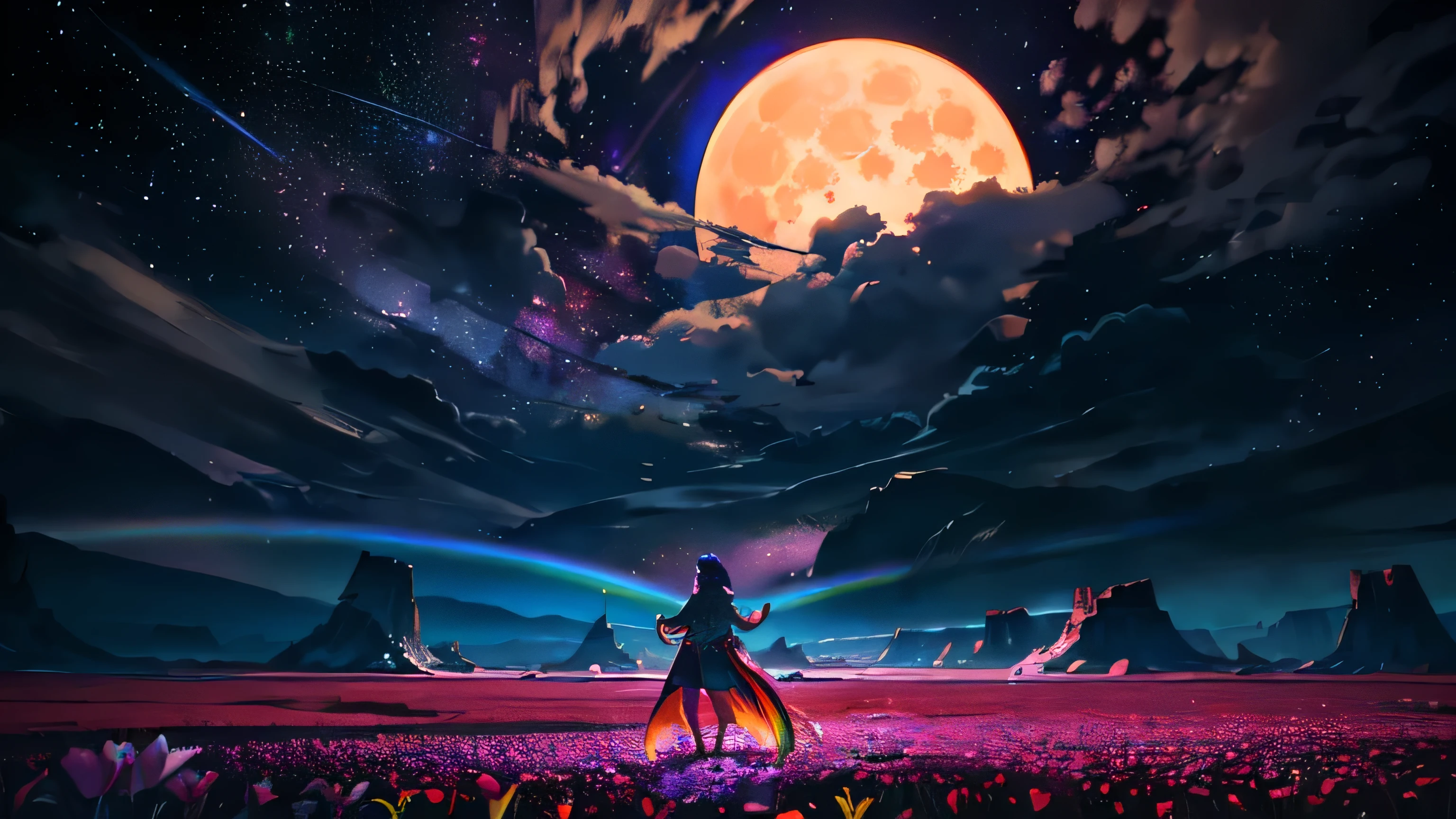 Vast landscape photography , (A view from below, with the sky above and the wide fields below), A girl standing in a flower field looking up, (full moon:1.2), ( shooting star:0.9), (nebula:1.3), Distant Mountain, Treebreak Production Art, (Warm light source:1.2), (fire Fly:1.2), lamp, Lots of purple and orange, Intricate details, Volumetric Lighting Break
(masterpiece:1.2), (highest quality), 4K, Very detailed, (Dynamic configuration:1.4), Very detailed, Colorful details,( Rainbow-colored:1.2), (Shining Lights, Atmospheric lighting), dream-like, Magic, (alone:1.2)