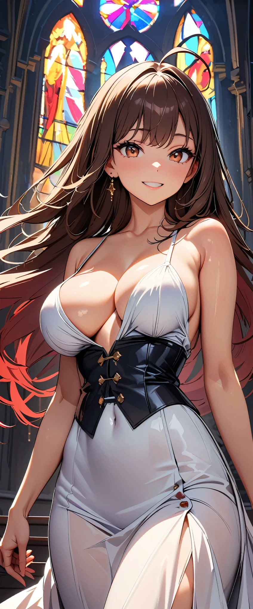 (highest quality:1.2, Very detailed, Latest, Vibrant, Ultra-high resolution, High Contrast, masterpiece:1.2, highest quality, Best aesthetics), (Small face), (Very detailedな肌:1.2), One Woman, (Brown Hair, Long Hair, Ahoge, Reddish brown eyes), (Slim figure:1.4, Woman with slim body and large breasts), Beautiful Eyes, Glossy Lips, Glowing Skin, Beautiful thighs, ((smile)), ((Random Pause:1.4)), (Off the shoulder, Elegant Dresses, Corset belt, Jewelry goods, Beautiful buttons, Long skirt with high waist, Dress design that emphasizes the bust), (Sexy Body), Perfect Fingers, Five Fingers, (church, Stained glass, Beautiful light), Background Blur,