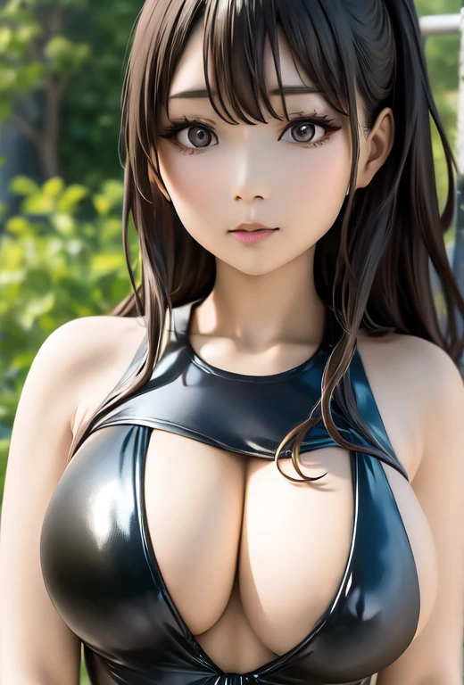 arafed asian woman in a black swimsuit posing for a picture, wet swimsuit, skintight black bodysuit, wearing a black bodysuit, wearing leotard, tight black tanktop, she is wearing a black tank top, cute girl wearing tank suit, black swimsuit, 2 4 year old female model, is wearing a swimsuit, young skinny gravure idol