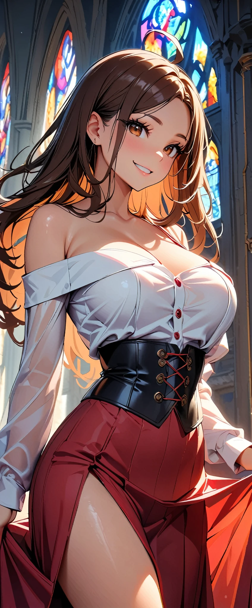 (highest quality:1.2, Very detailed, Latest, Vibrant, Ultra-high resolution, High Contrast, masterpiece:1.2, highest quality, Best aesthetics), (Small face), (Very detailedな肌:1.2), One Woman, (Brown Hair, Long Hair, Ahoge, Reddish brown eyes), (Slim figure:1.4, Woman with slim body and large breasts), Beautiful Eyes, Glossy Lips, Glowing Skin, Beautiful thighs, ((smile)), ((Random Pause:1.4)), (Off the shoulder, Elegant Dresses, Corset belt, Jewelry goods, Beautiful buttons, Long skirt with high waist, Dress design that emphasizes the bust), (Sexy Body), Perfect Fingers, Five Fingers, (church, Stained glass, Beautiful light), Background Blur,