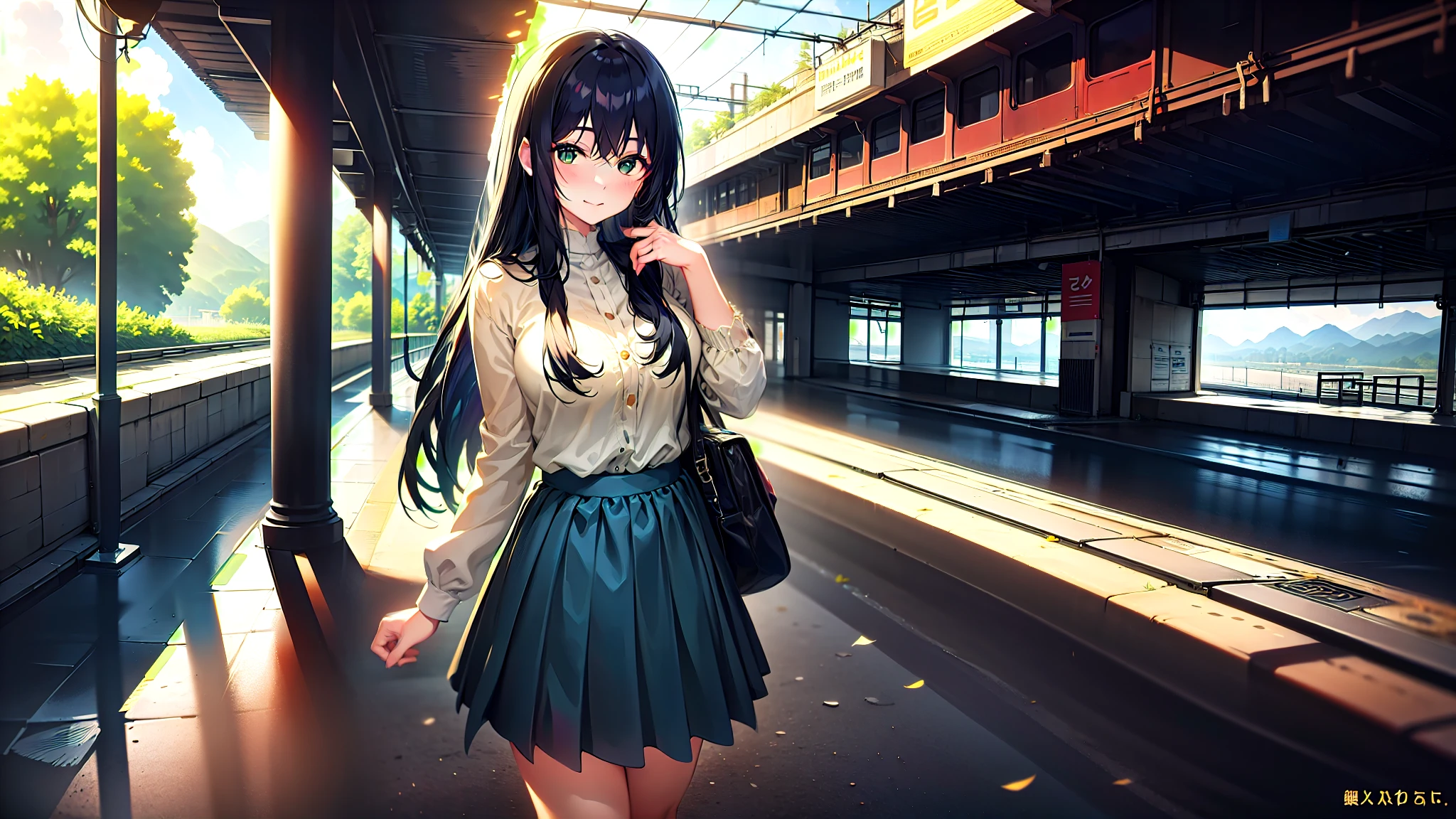 One woman、super quality、Station ticket gates、train、Woman with long black hair、Bright clothing、Straight Hair、Nice body、Short skirt、Ultra HD、amazing