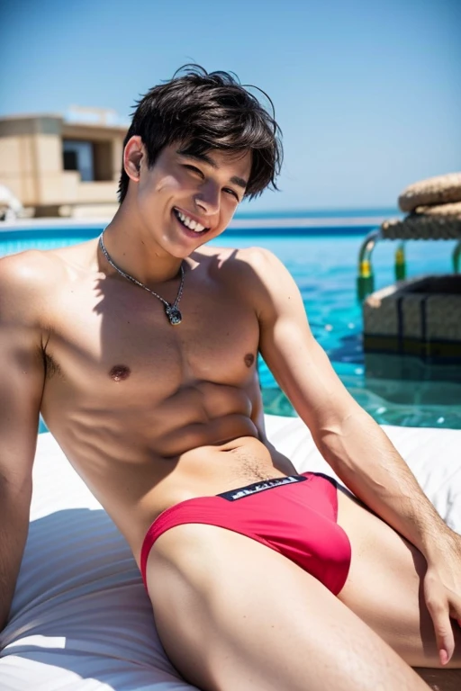 male Age 25 Lifesaver swimwear smiling bed