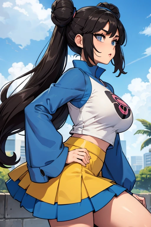 rosa (pokemon) with brunette oversized side buns and long hair behind, blue sleeves on a white top, leggings, yellow mini skirt, big breasts