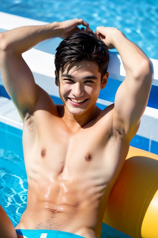 male Age 25 Lifesaver swimwear smiling bed