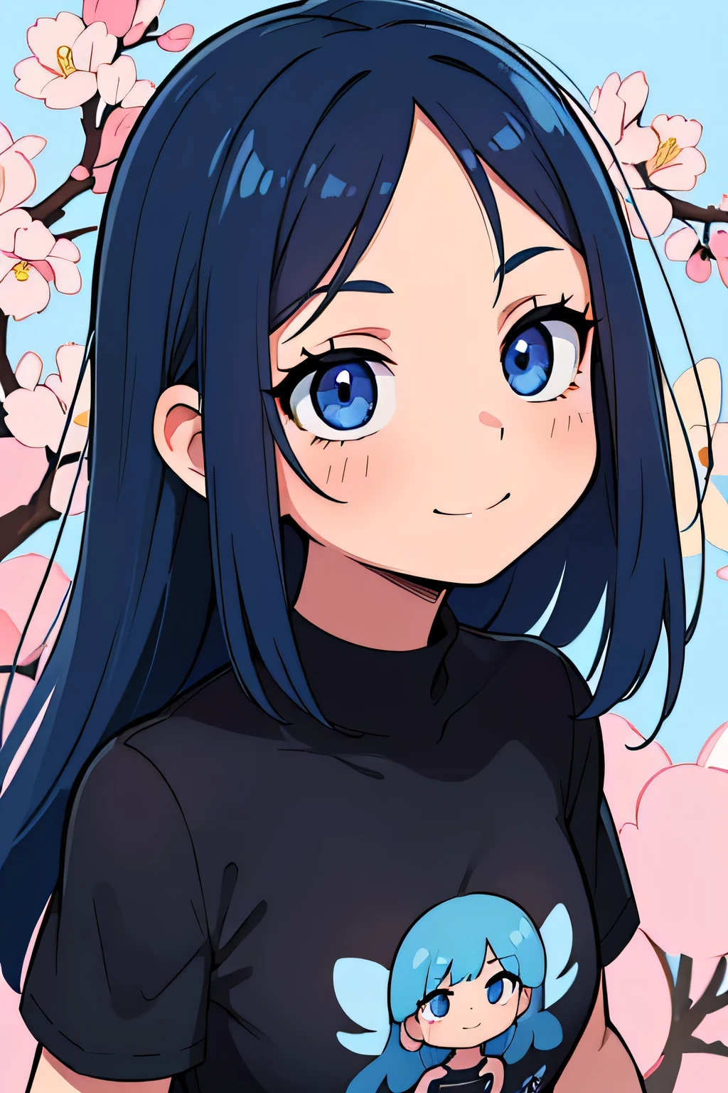 (Ultra bright color, Masterpiece, Best quality, blossom, Warm, soft light, modern, Hi-tech), 1 girl, One, standing tall, (background:1.4), black T-shirt without print, beautiful detailed face, slight smile, (blue) Medium hair, (detailed (blue) Ruby eyes), young, small breasts,
