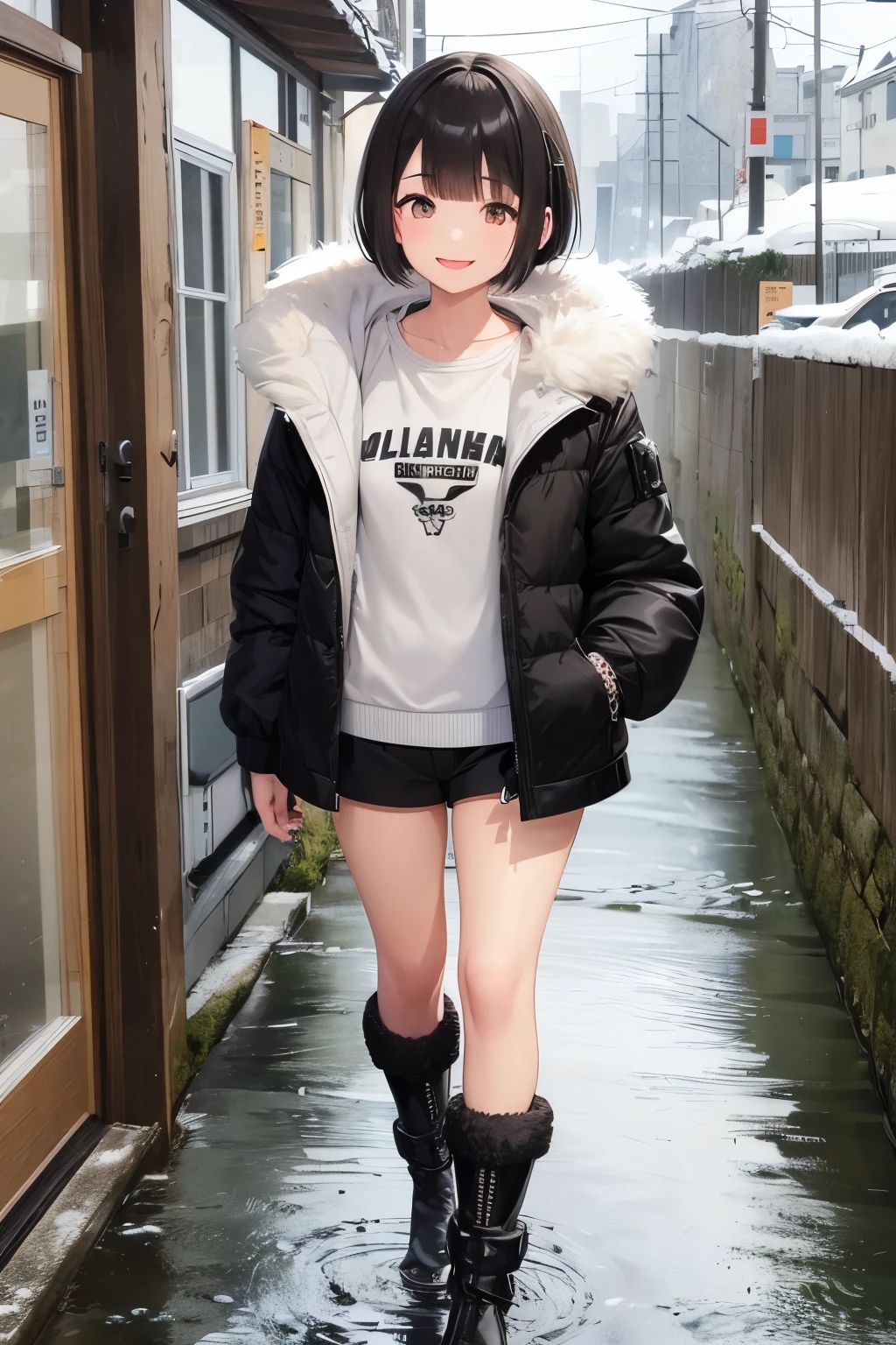 Cheerful female college student、Thick eyebrows、Hanging eyes、Smiling mouth、black hair、short hair、Jacket with fur(black)、hot pants(gray)、boots with buckles(Brown)、(Flat Brown)、While walking、Otaru Canal、Snow Scene