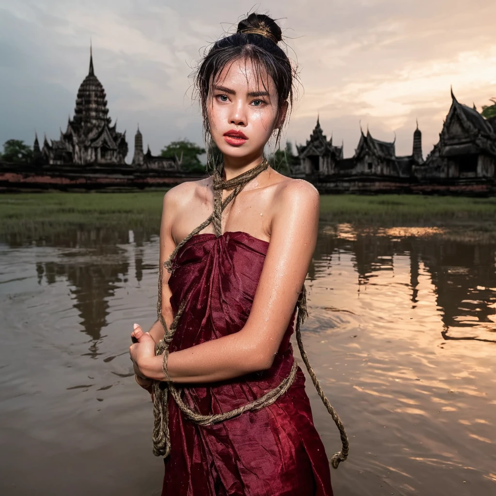 panic-sticken beautiful woman in Thai ancient dark red breast cloth, pretty face with tear and sweat, frightful facial expression, perfect body, wet black messy bun hair, hands tightly tied with big rope, walking into the water, she is sentenced to death by drowning, forsaken Thai temple with pagoda, sunset sky, dim ancient torch light, depressive tone,
