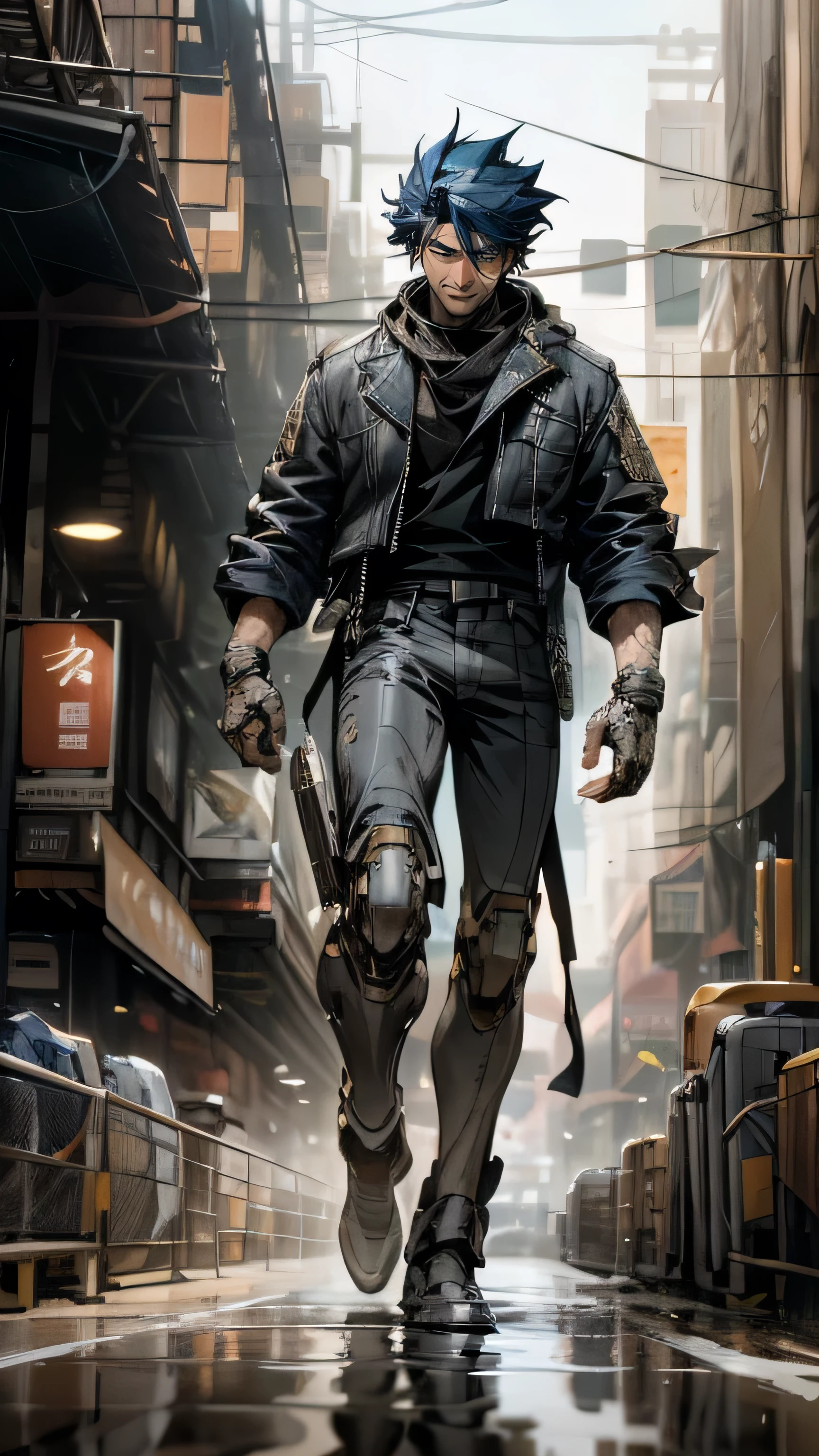 handsome face, archer, best quality, cinematic light, Very detailed CG unified 4k wallpaper, Complicated details, city background, full body, face focus, concept art, The art of production, high res, realistic, photo-realistic, physically-based rendering, machinery, reflection, realistic, cyberpunk, symmetric front view, symmetry face very sharp focus, realistic, award-winning matte drawing cinematic light 1 man, mechs, illustration, muscular, Asian skin of the dedicated face, leather jacket, shine, Tights, blue-eyed, battlefield, chips, shine, full body,