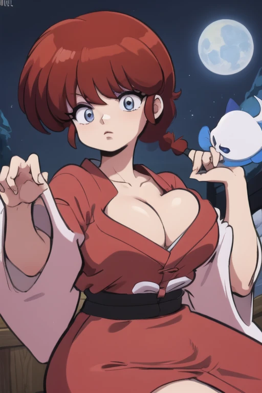 RanmaChan, cabello rojo, Cabello con trenza, ojos azules, ojos detallados, cuerpo completo, lindo, sexyrobutts, Japanese Ghost Costume, fantama flotando, noche luna llena, Cleavage Bulge