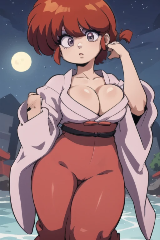 RanmaChan, cabello rojo, Cabello con trenza, ojos azules, ojos detallados, cuerpo completo, lindo, sexyrobutts, Japanese Ghost Costume, fantama flotando, noche luna llena, Cleavage Bulge