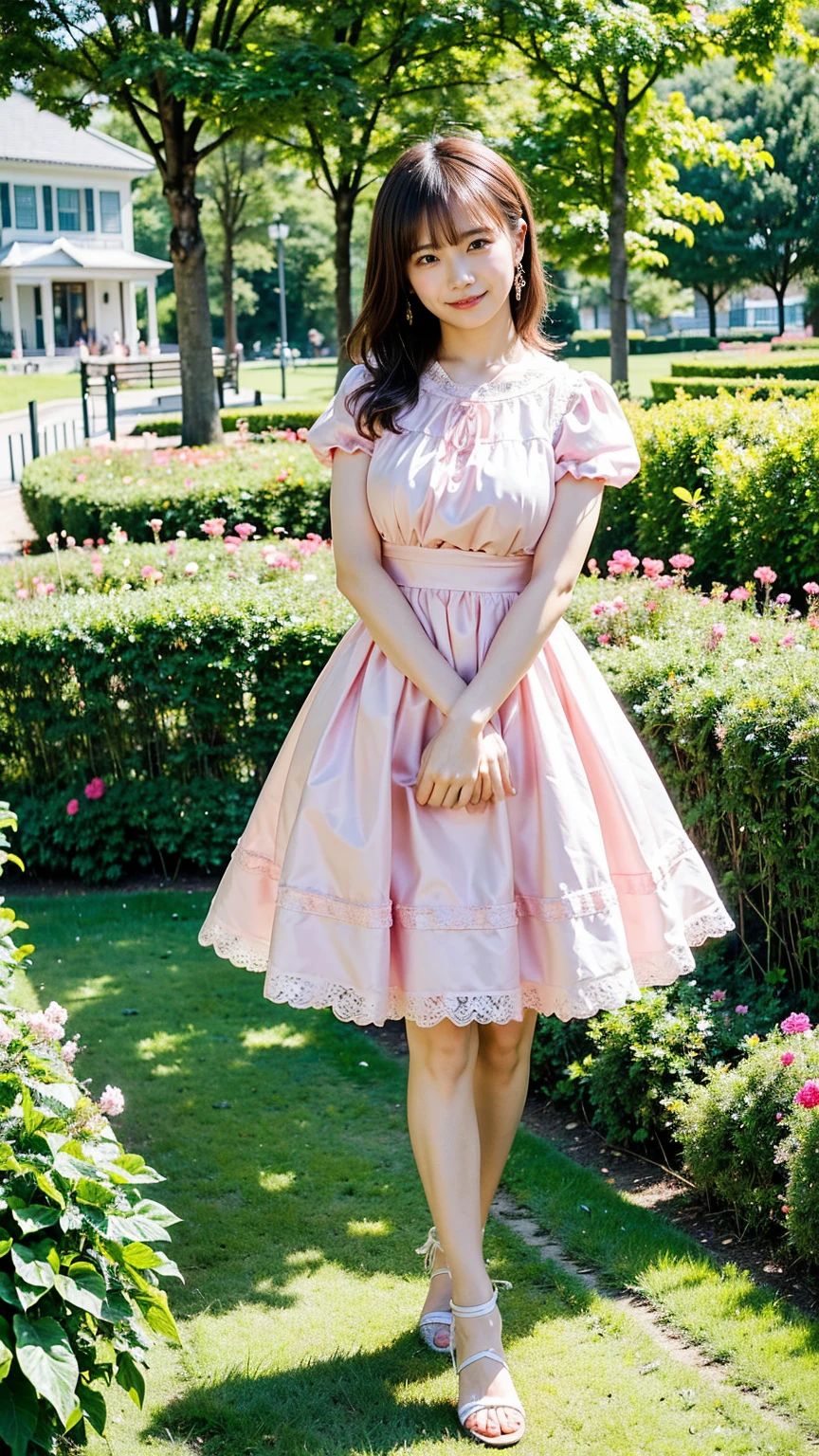 (8k、RAW Photos、highest quality、masterpiece:1.2)、(Realistic、Realistic)、1 girl、((smile、garden、Date dress、Heeled Sandalini skirt、Are standing、Large Breasts))、Lots of eyelashes、Glowing eyelids、skeletally correct