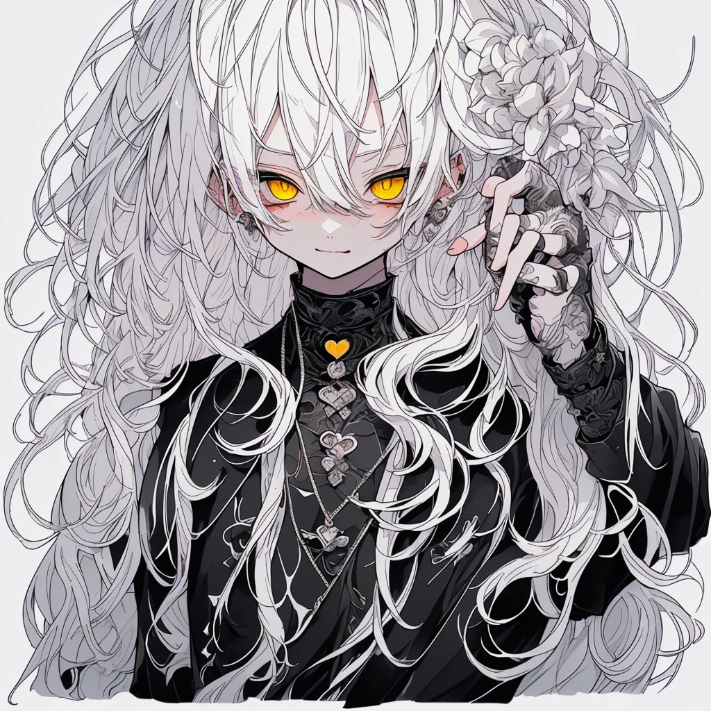 Clear line drawing, Transparent watercolor, Clear shading, Beautiful young man, White hair, Long hair, rabbitears、Yellow eyes, Black shirt, finger heart, Fashionable everyday wear, convey love, inner strength, ❤️, I love it,High quality, amount of drawing, pixiv illustration、A slight smil