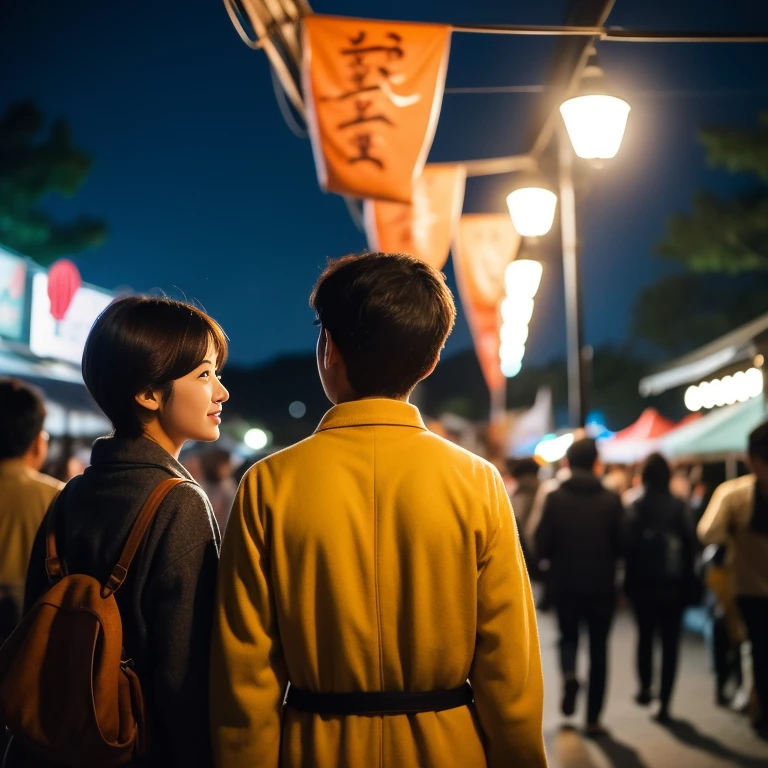 masterpiece, highest quality, Very detailed, figure, omatsuri, food stand, Beautiful Eyes, View your viewers, From behind, Buckshot, yukata, wood, Outdoor,road, walking, crowd, night, lanthanum, festival, food, paved, 横断歩road, paper lanthanum, Street lamp post, night sky,(((A boy and a beautiful girl in their twenties))), in love, Romance