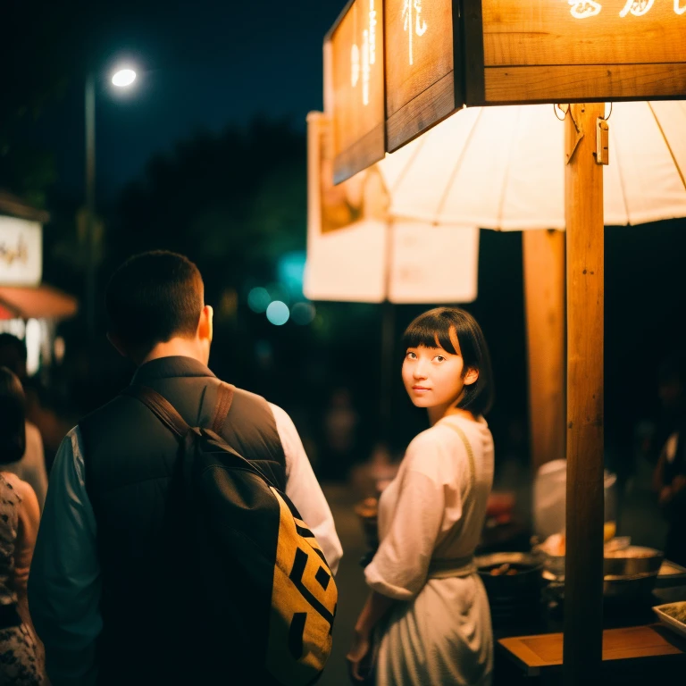 masterpiece, highest quality, Very detailed, figure, omatsuri, food stand, Beautiful Eyes, View your viewers, From behind, Buckshot, yukata, wood, Outdoor,road, walking, crowd, night, lanthanum, festival, food, paved, 横断歩road, paper lanthanum, Street lamp post, night sky,(((A boy and a beautiful girl in their twenties))), in love, Romance