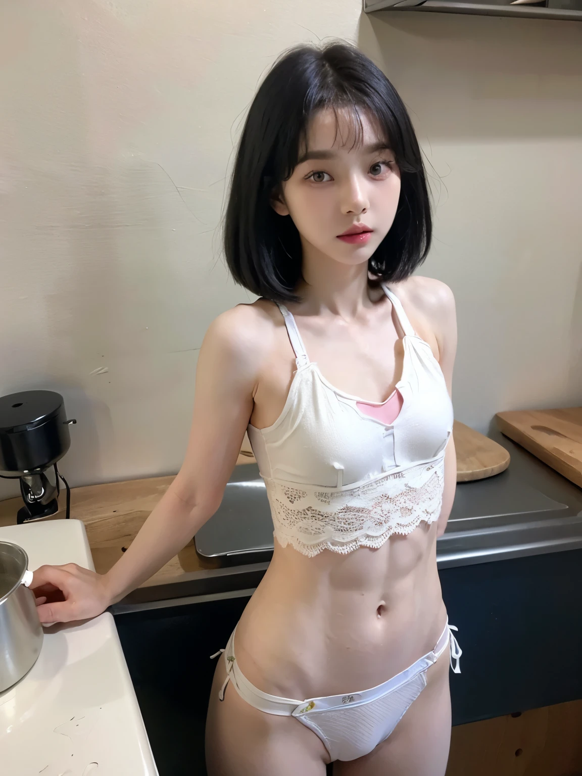 ((highest quality)), ((masterpiece)), (detailed), Perfect full body photo,Perfect Face、(((A realistic idol face with simple and cute symmetrical eyes)))、(((Photorealistic and realistic photos)))、(((Super tight and very small lace underwear:1.2)))、(((Black Bob with Messy Bangs:1.3)))、(((Very muscular and slender body type:1.5)))、(((Trained abdominal muscles:1.55)))、((Muscular and slender limbs:1.3)),((Slim waist:1.5)),((Best image quality、8k))、((highest quality、8k、masterpiece:1.3)),Sharp focus:1.2、Spotlight,A 19-year-old beautiful Japanese woman with thin eyebrows and an idol-like face:1.2,(Broad shoulders:1.3),(thin beautiful nose:1.3),非常にdetailedな顔と光沢のある肌の質感,(((Very small breasts:2))),(Small Ass:1.3),((View here:1.2)),The groin is visible:1.1,I can see my belly button:1.2,.((Dark kitchen:1.2))