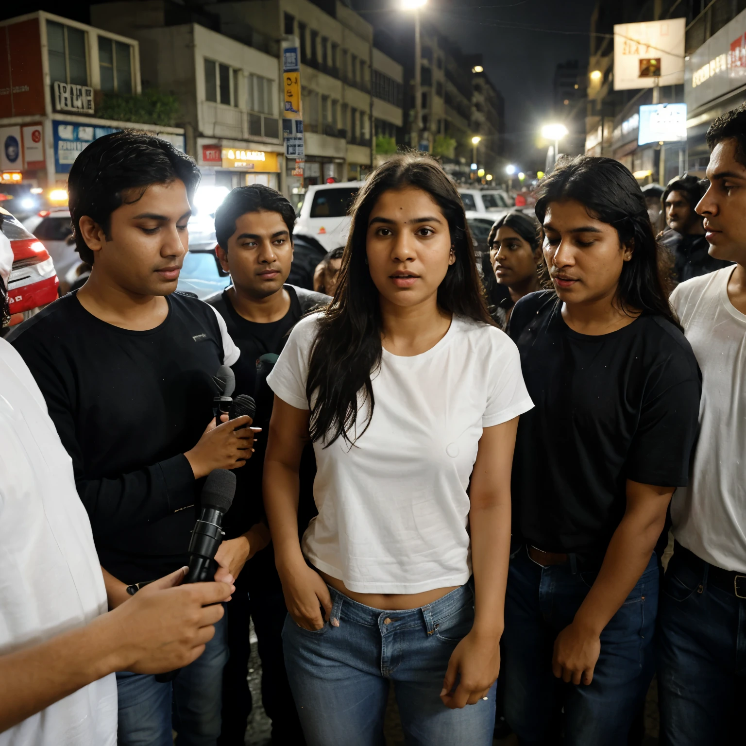 Indian acting class, entered the wrong room by mistake, white t-shirt and jeans, night time, police cars and lots of people and media people wearing all kinds of clothes, middle of the city, rain, LS angle, media holding mic and asking questions, front media camera flashlight effect