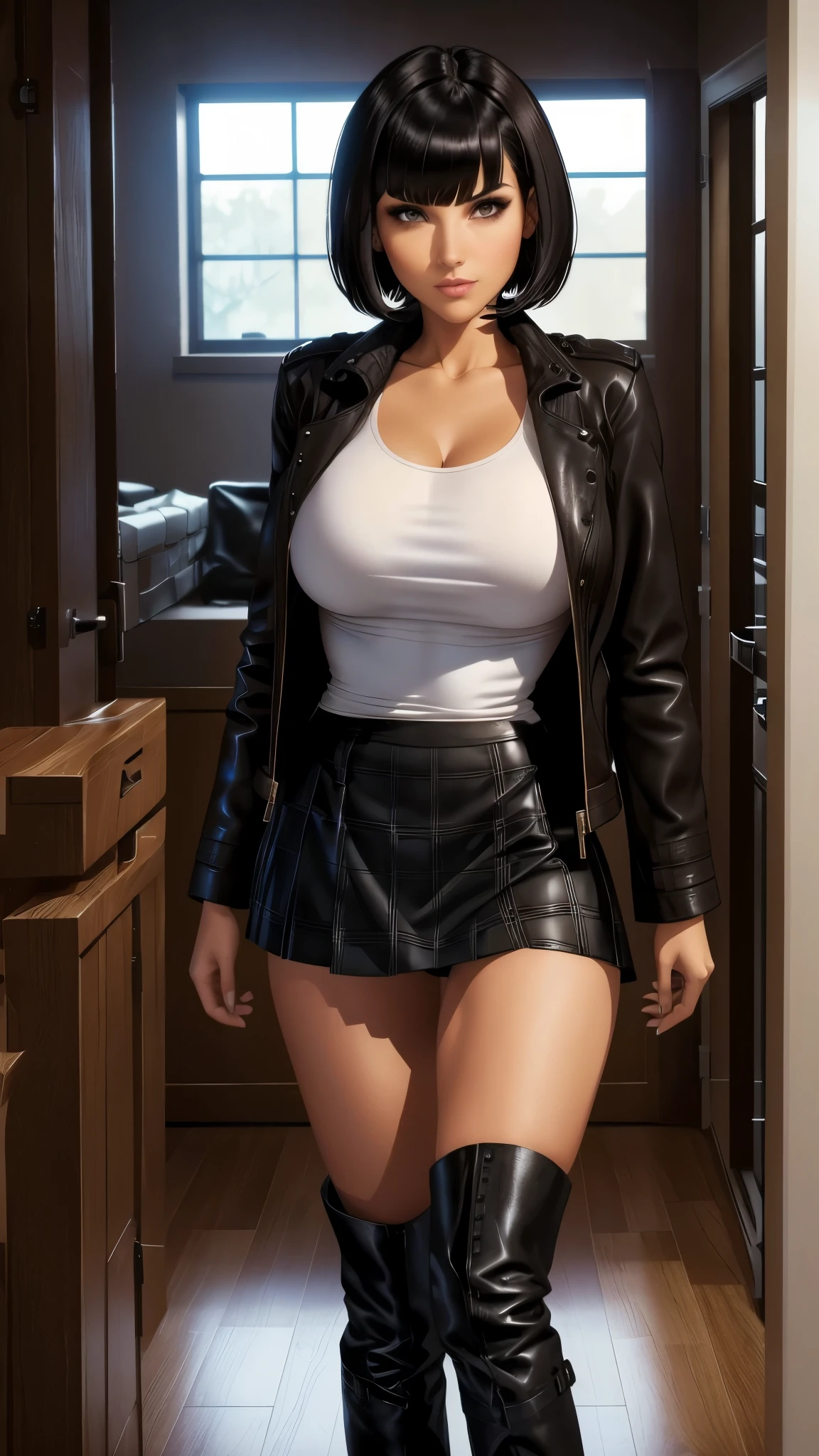 short black hair, with slightly messy bangs.  Dark, penetrating brown eyes.  Thin and marked build.  short black leather skirt, a loose white shirt and a plaid jacket.  She completed her outfit with tall boots. Busty. 