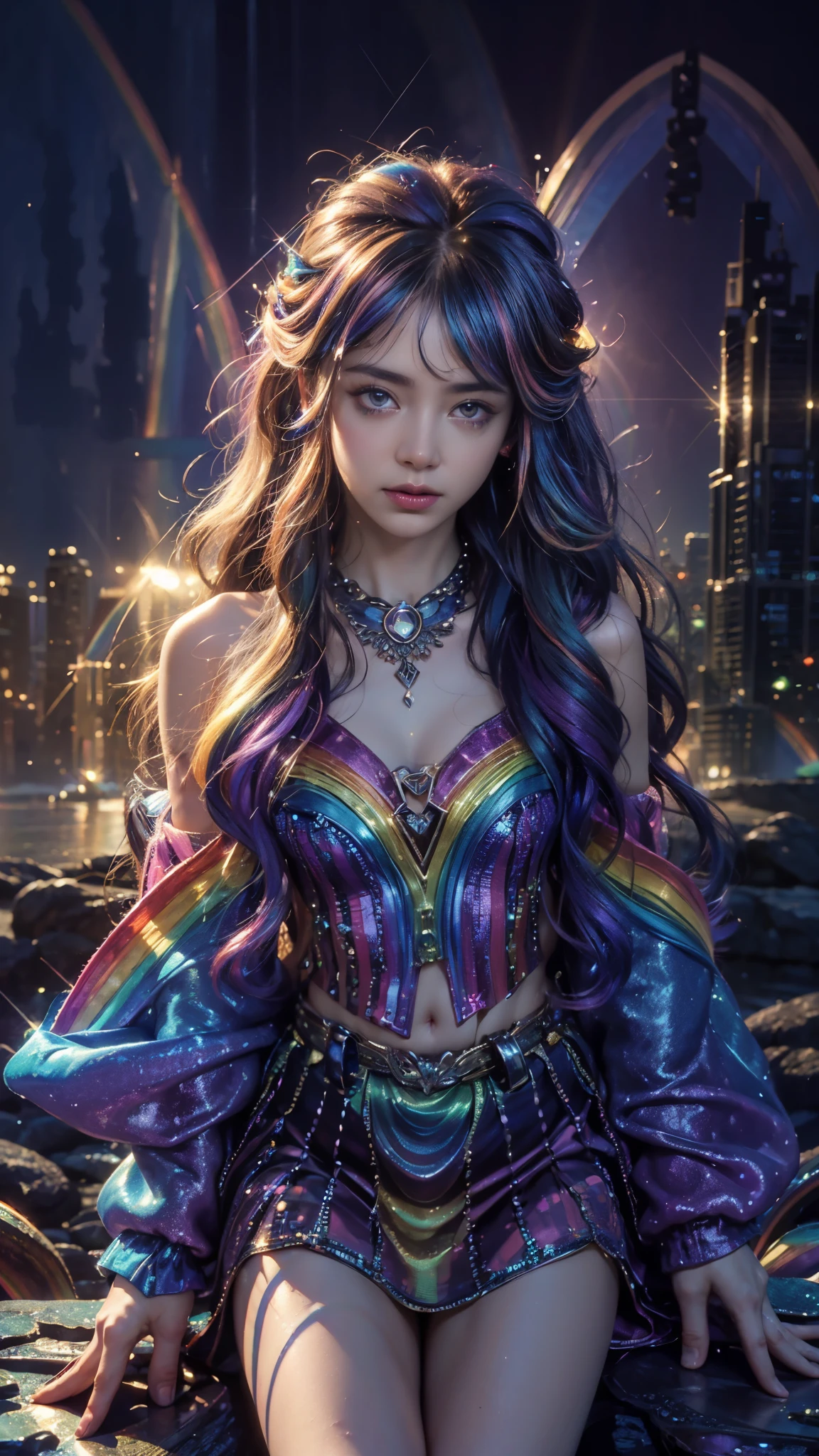 4k, UHD, masterpiece, 1 girl, good face, ((detailed eyes)), very long hair, impressive hairstyle, perfect brasts, fantasy clothing, ((rainbow clothing:1.5)), (strips:1.3), night city, building, lamps, depth of field, reflection light, ((sparkle)), chromatic aberration,