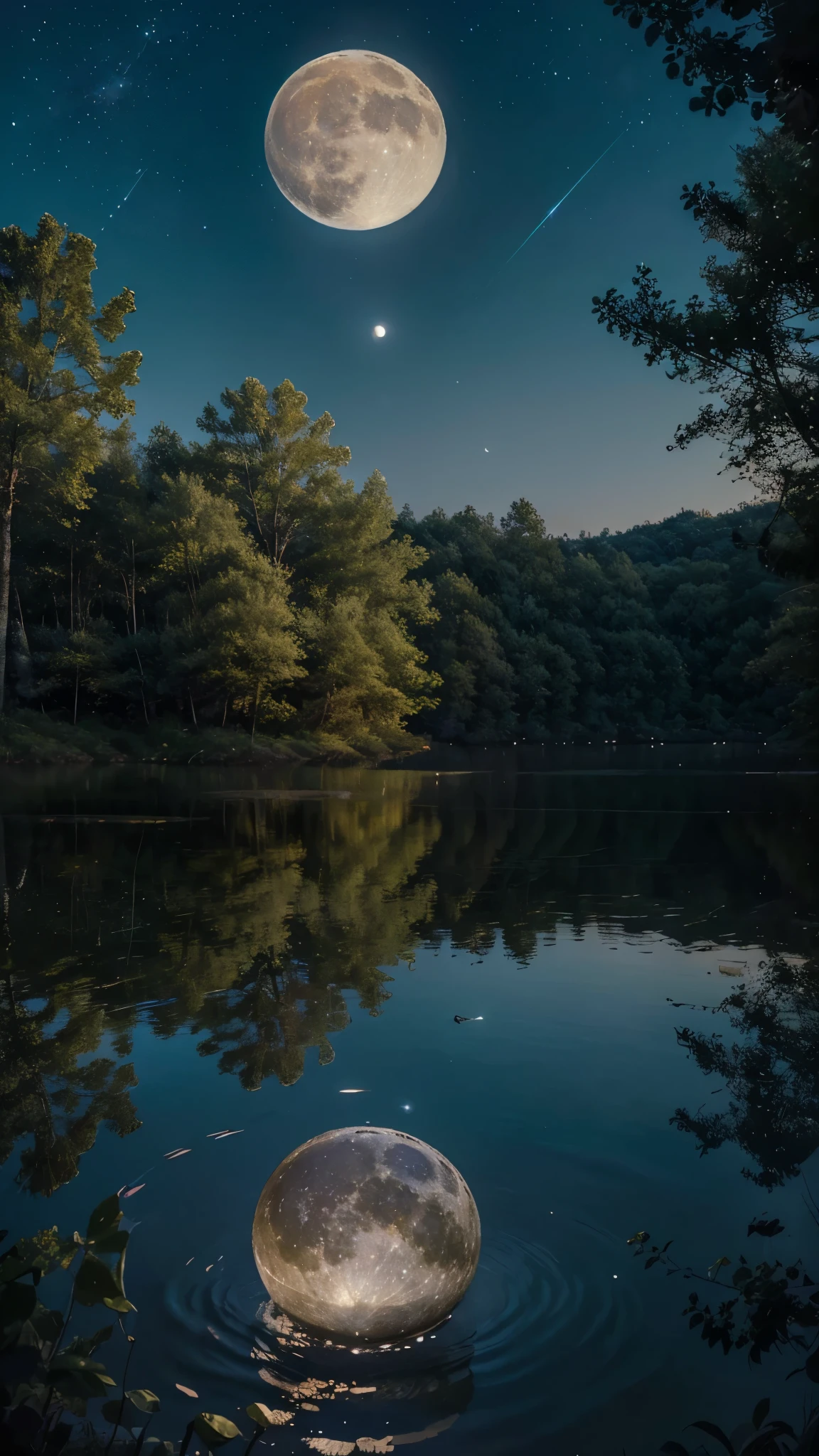 (highres,best quality,masterpiece:1.2),a beautiful landscape with a very large moon,illustration,impressive lunar surface,picturesque scenery,vivid colors,exquisite details,soft moonlight,serene atmosphere,pure nature,crystal clear lake,glowing trees,oozing tranquility,starlit sky,soothing ambience,harmony between sky and earth